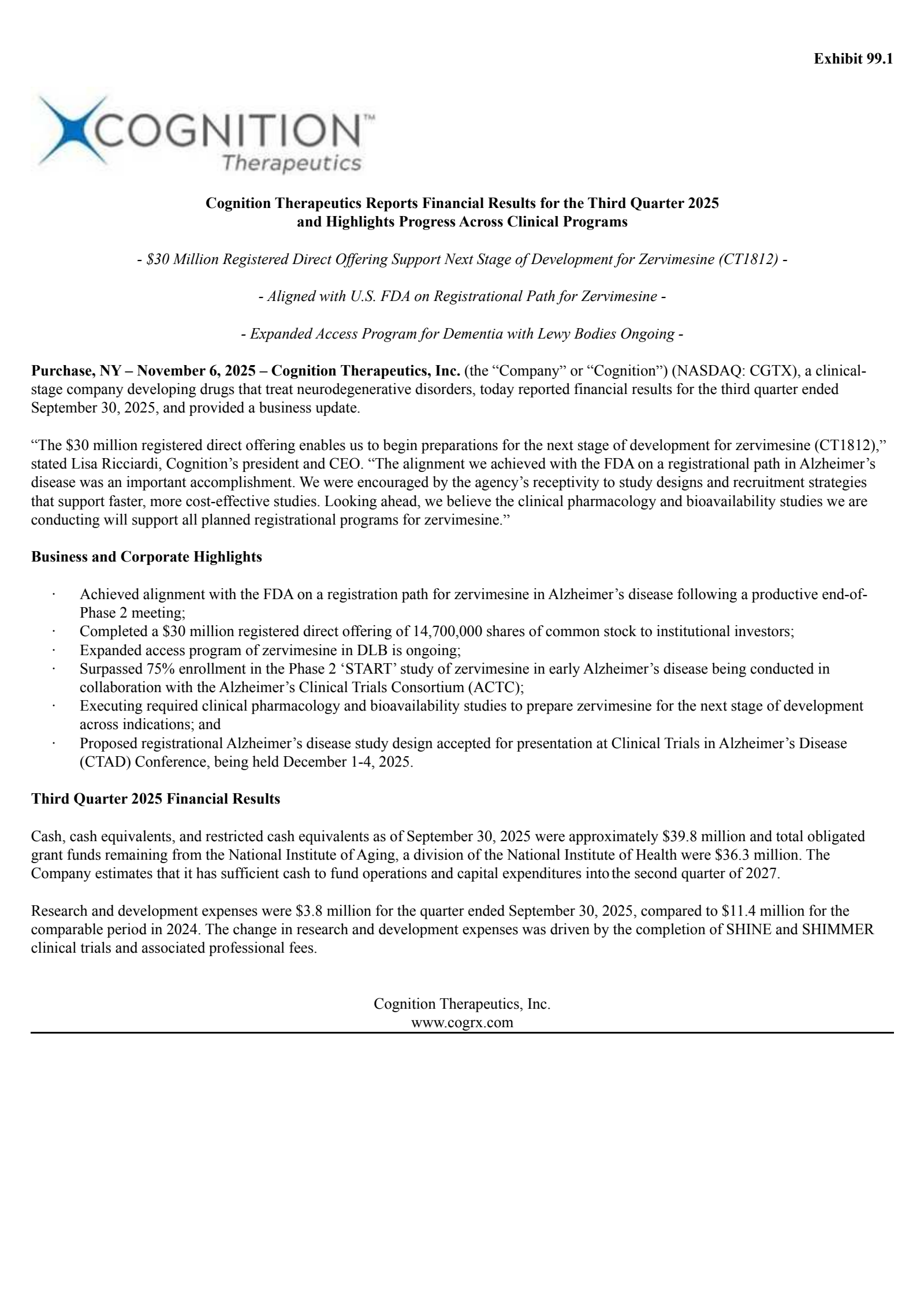 Cognition Therapeutics' Q3 2025 Earnings Release