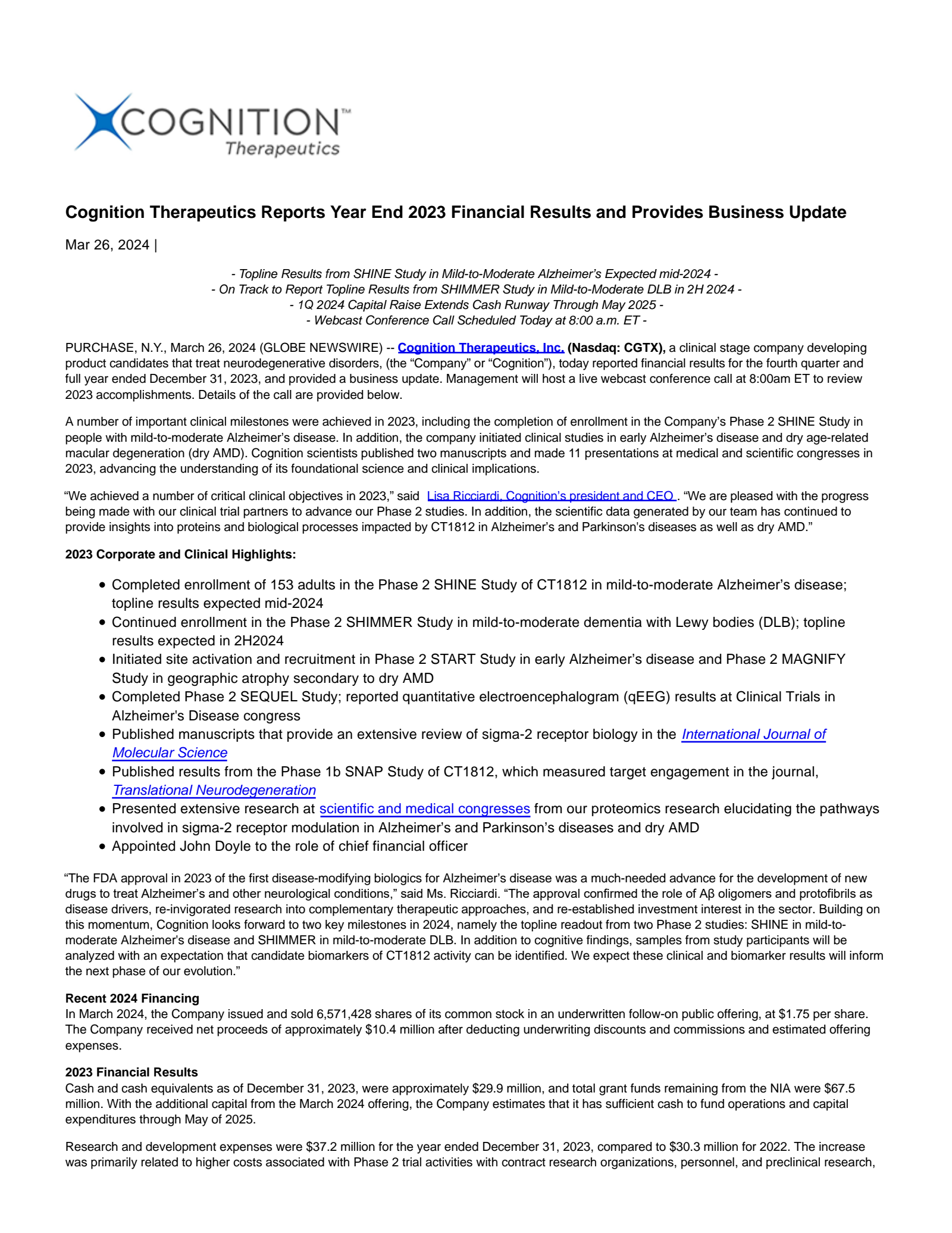 Cognition Therapeutics' Q4 2023 Press Release