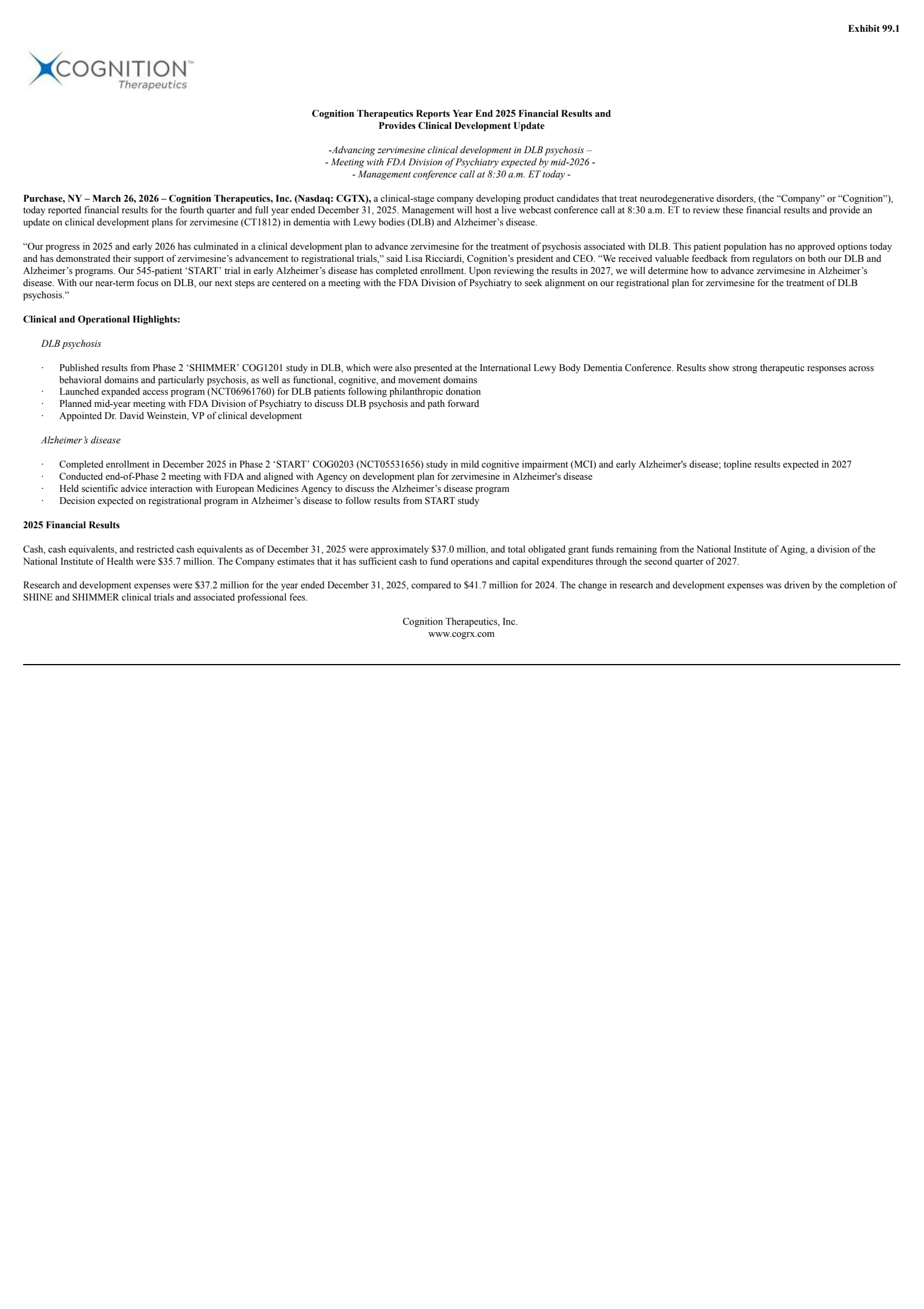 Cognition Therapeutics' Q4 2025 Press Release