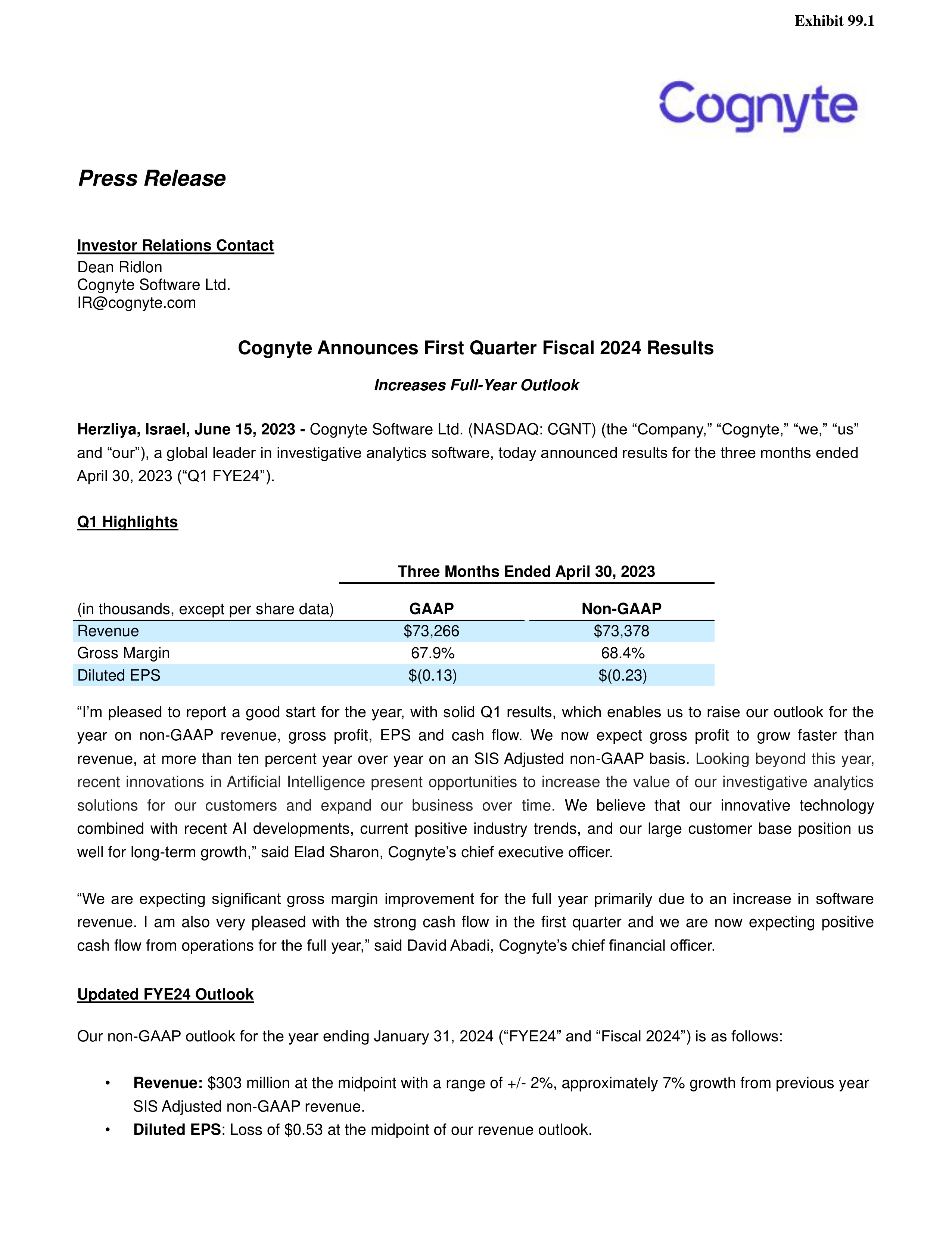 Cognyte Software's Q1 2024 Press Release