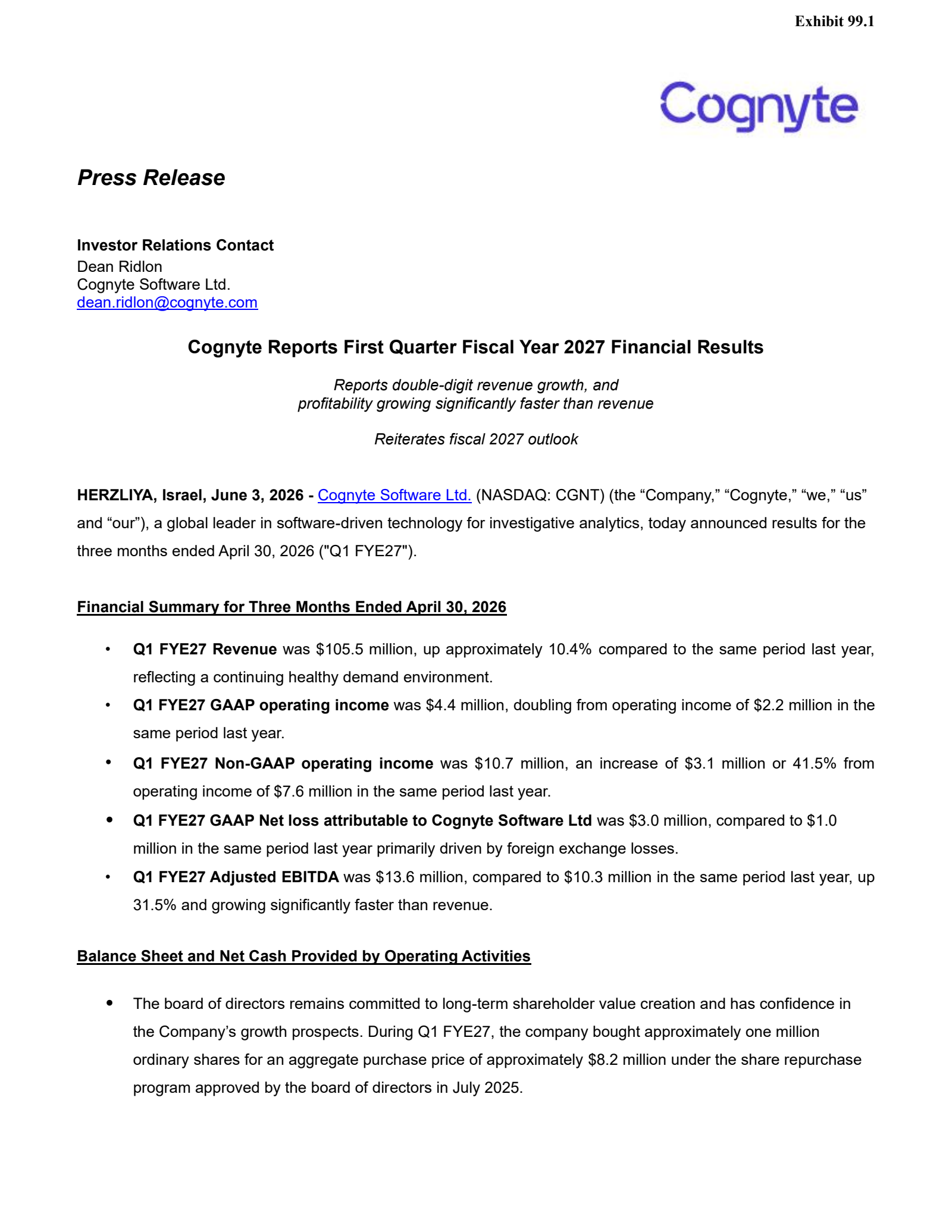 Cognyte Software's Q1 2027 Press Release