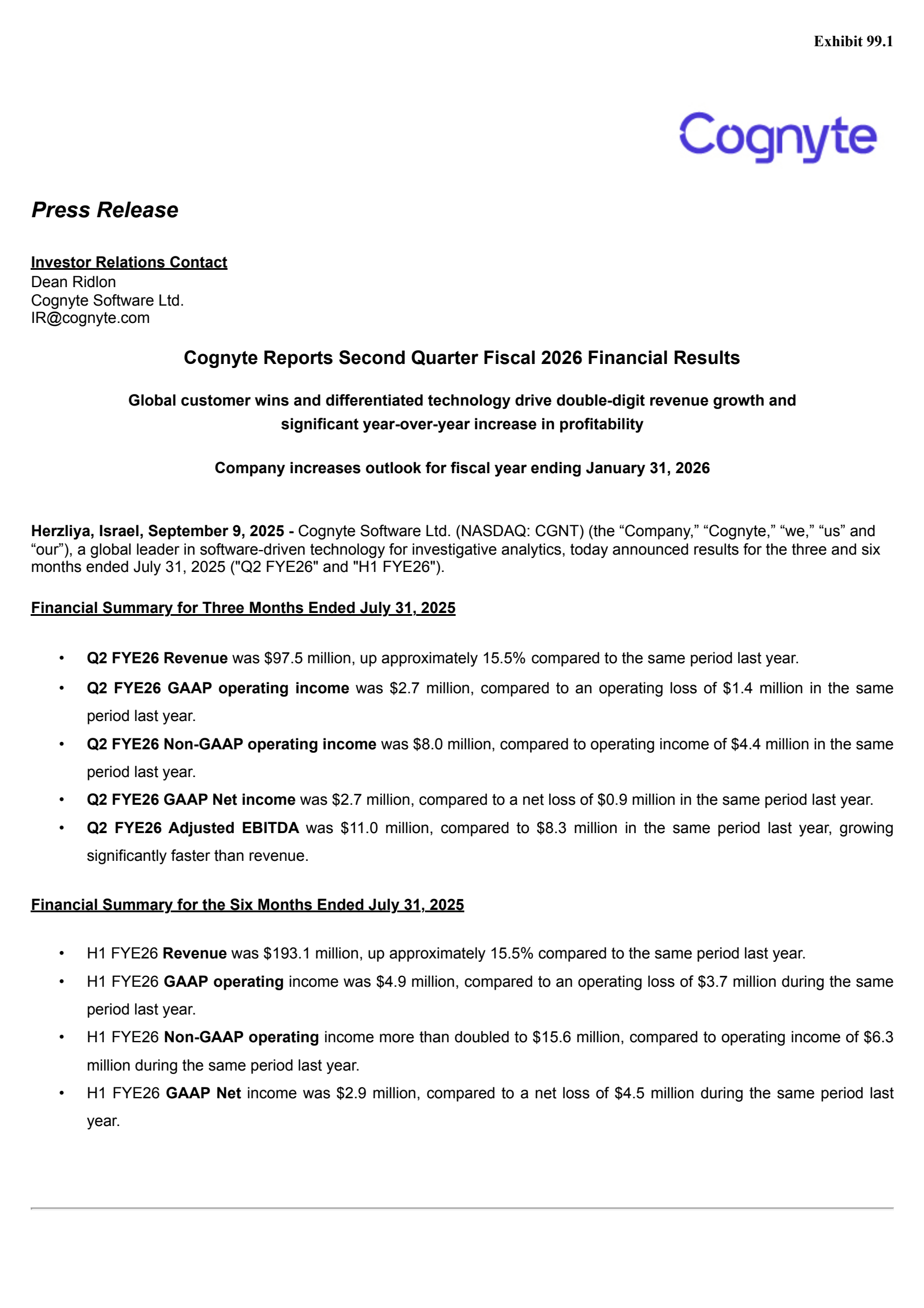 CGNT Q2 2026 Earnings Report on 9/9/2025
