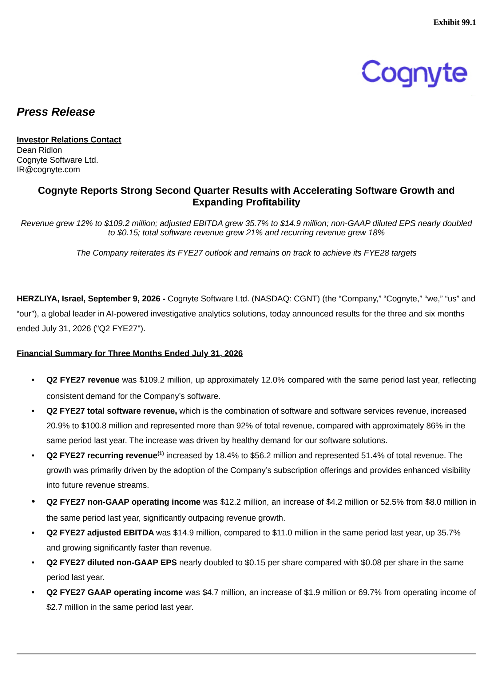 Cognyte Software's Q2 2027 Press Release