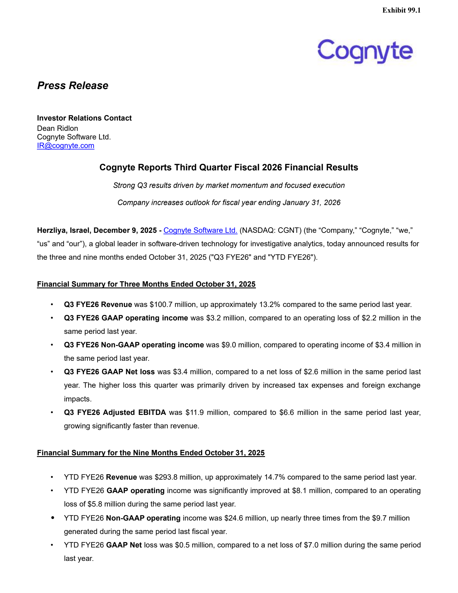 Cognyte Software's Q3 2026 Earnings Release
