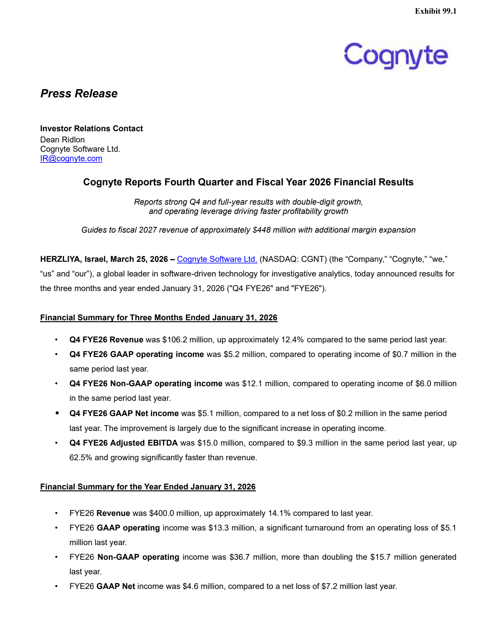 Cognyte Software's Q4 2026 Press Release