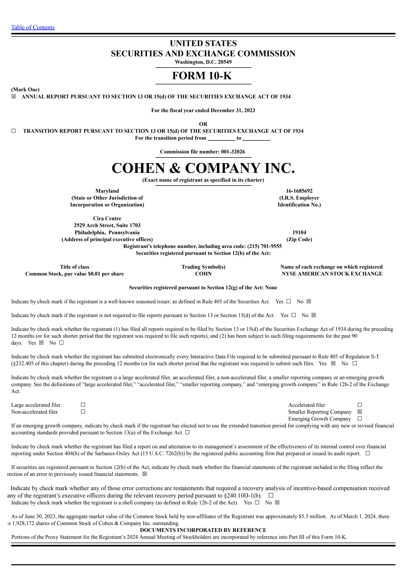Cohen & Company Inc.'s Q4 2023 Annual report