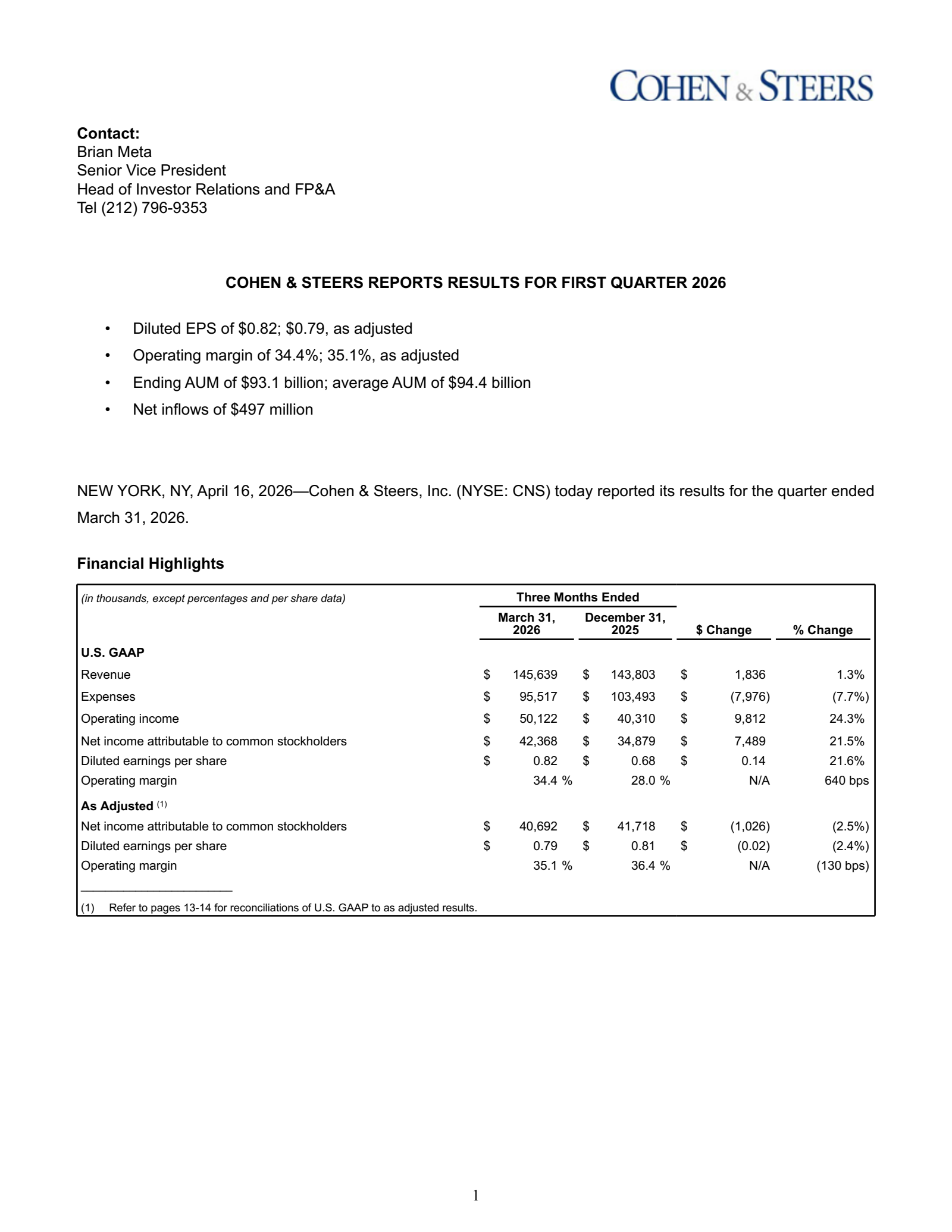 Cohen & Steers' Q1 2026 Press Release