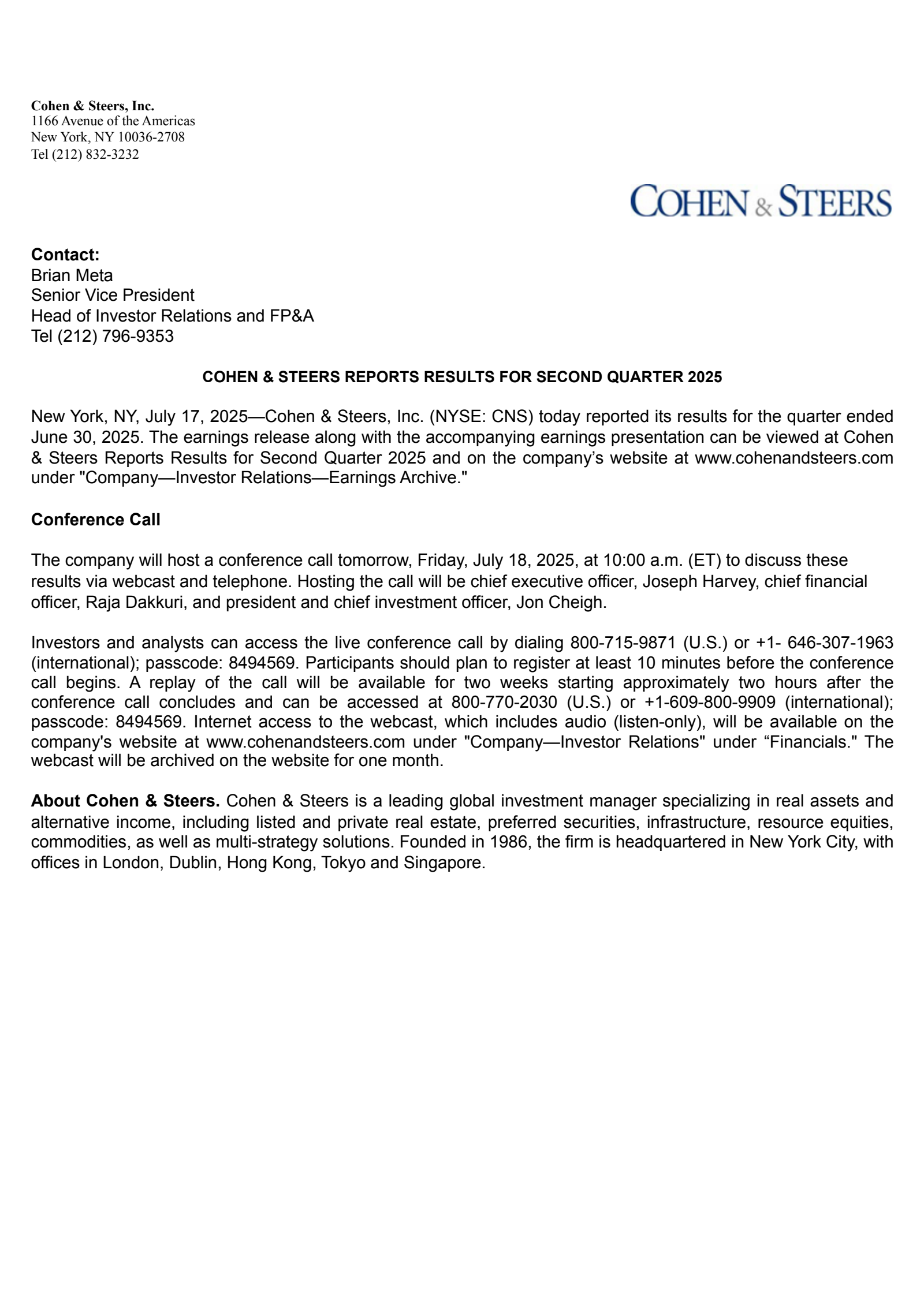 Cohen & Steers' Q2 2025 Press Release