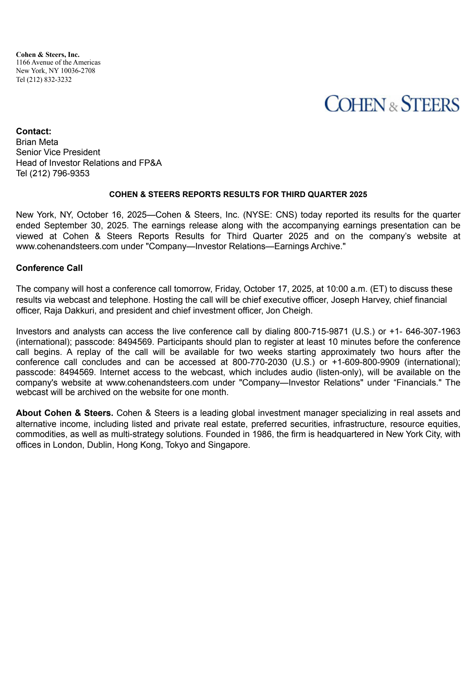 Cohen & Steers' Q3 2025 Earnings Release