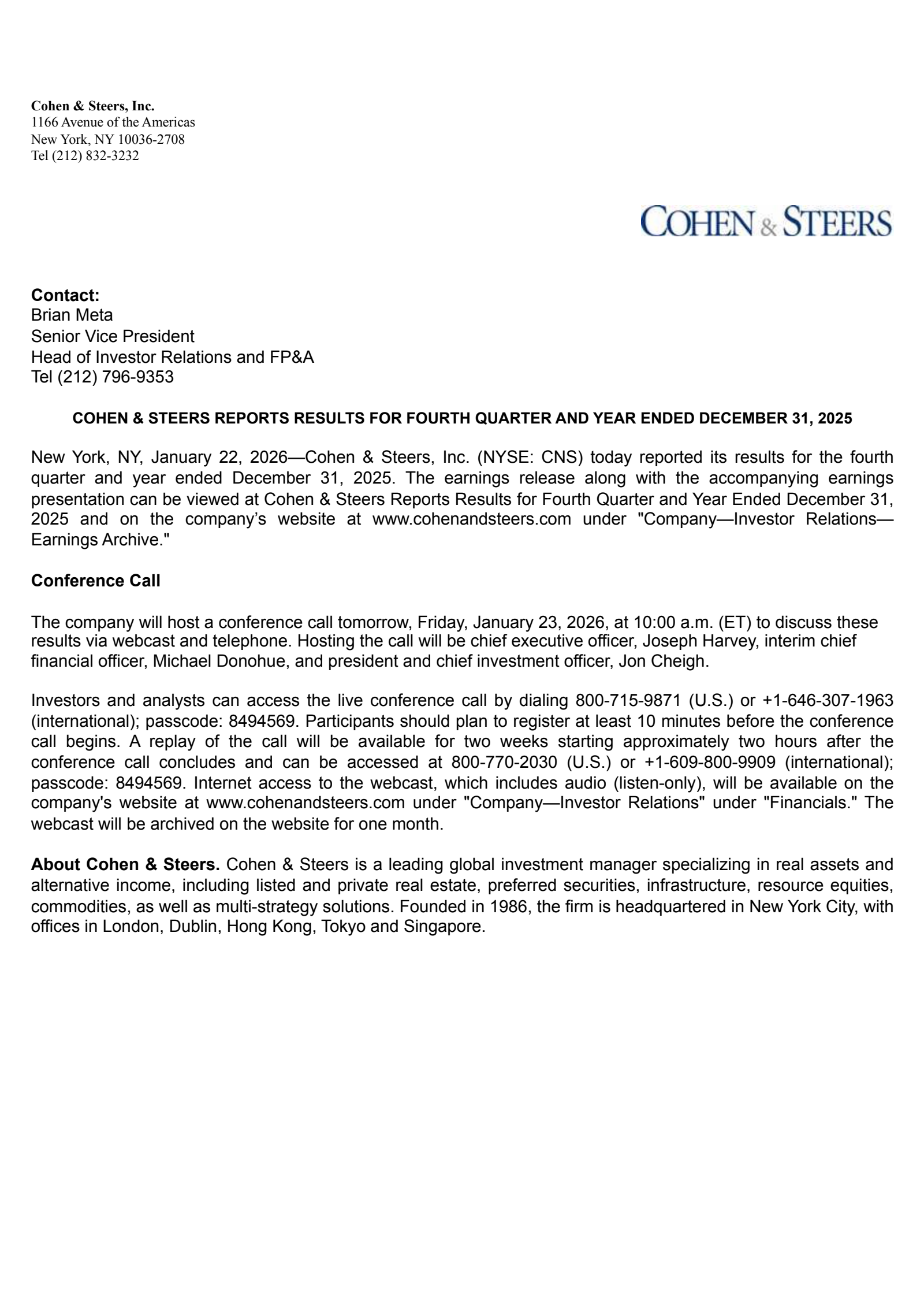 Cohen & Steers' Q4 2025 Press Release