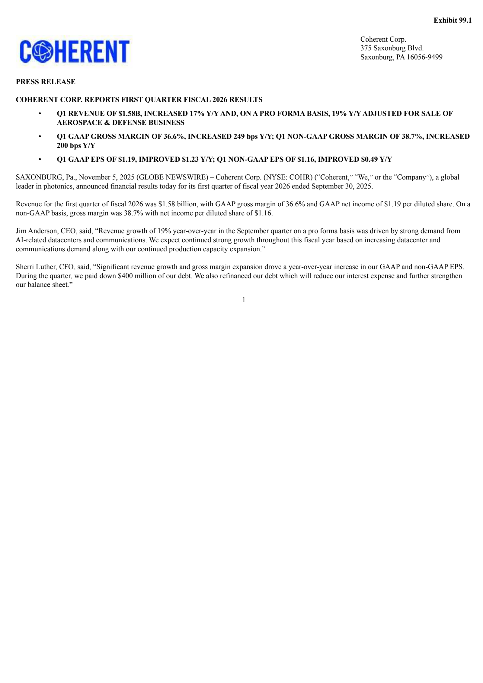 Coherent's Q1 2026 Earnings Release