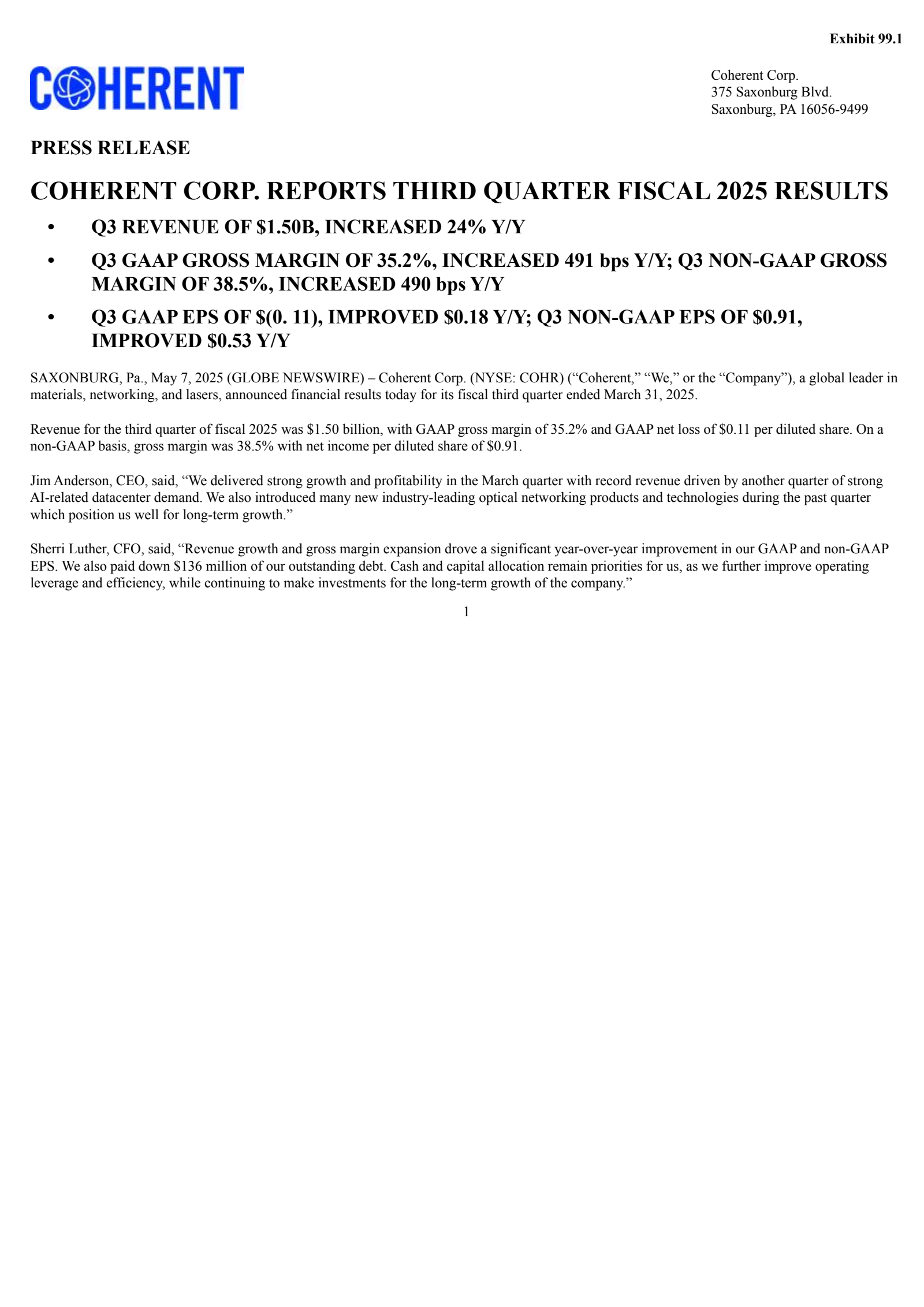 Coherent's Q3 2025 Press Release