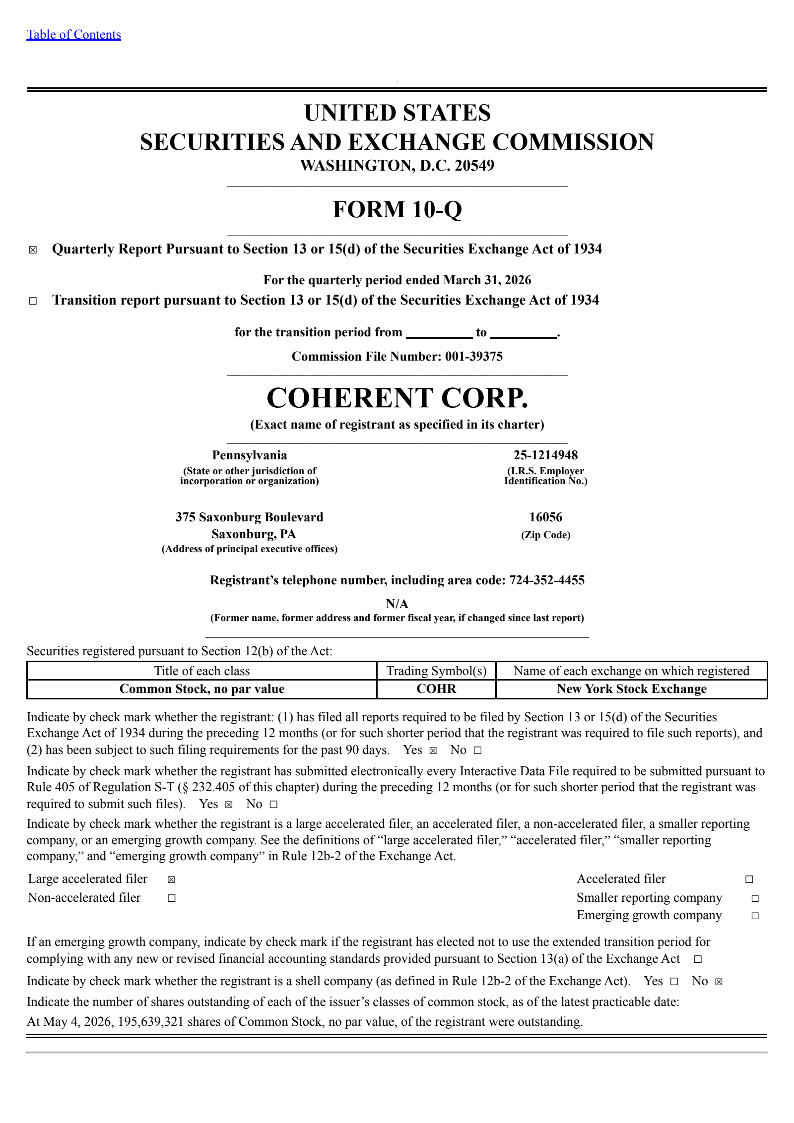 Coherent's Q3 2026 Quarterly report
