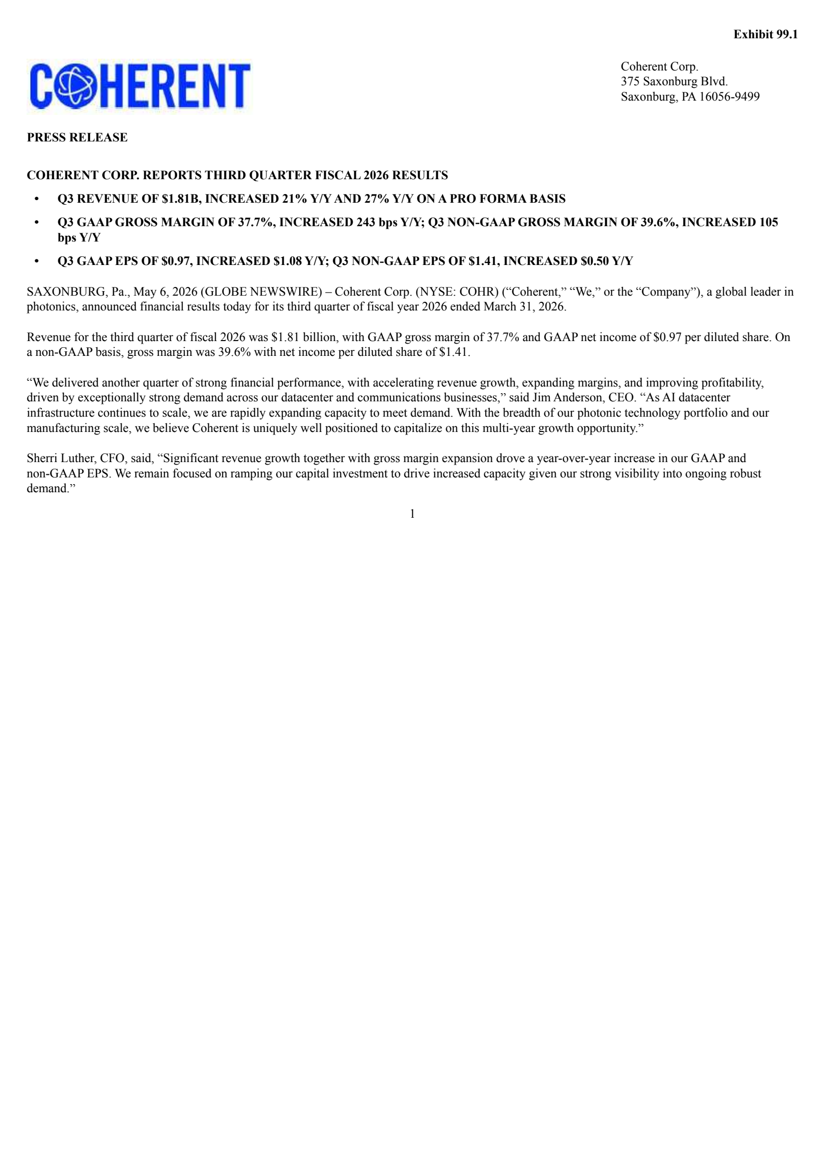 Coherent's Q3 2026 Press Release