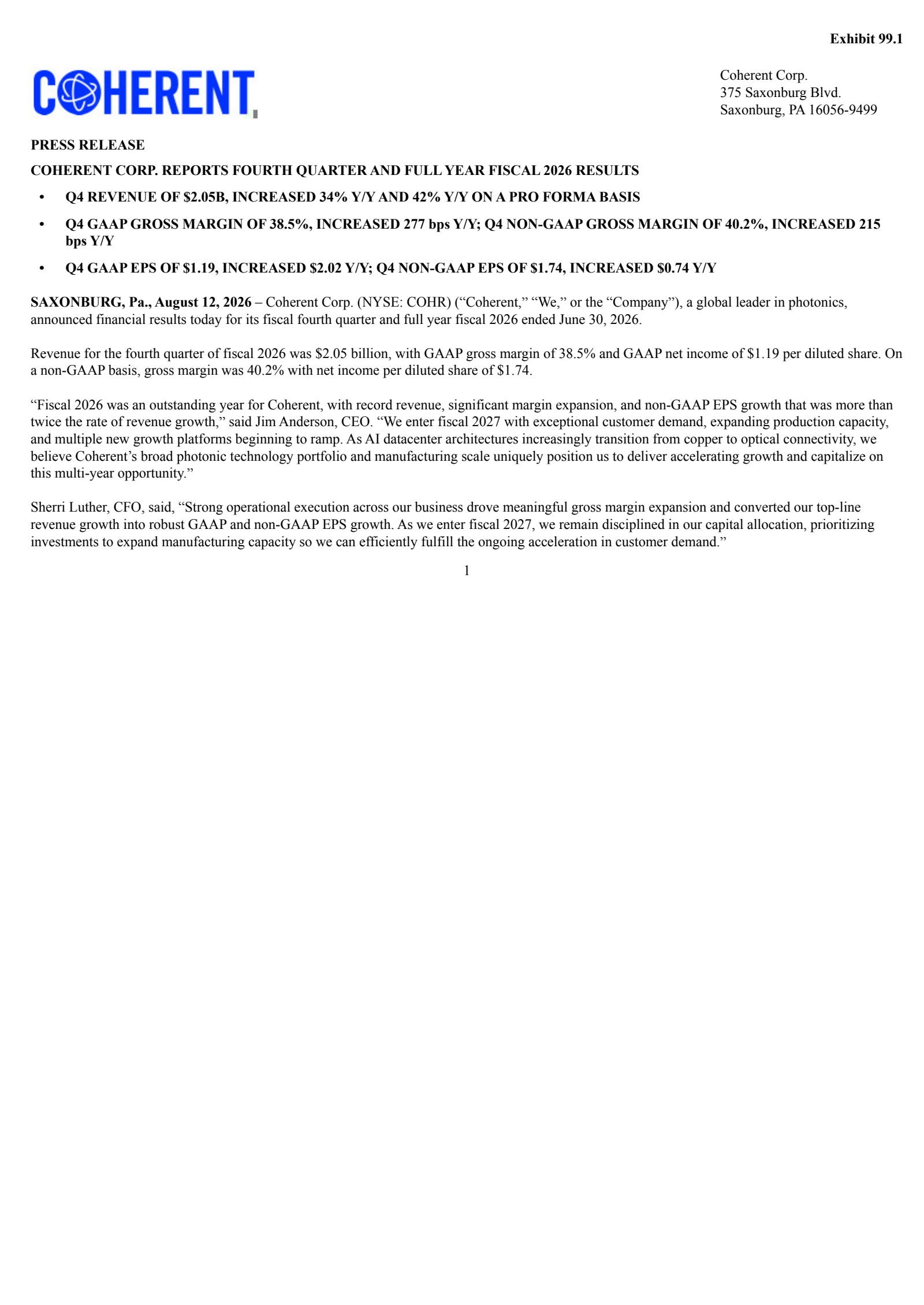 Coherent's Q4 2026 Press Release