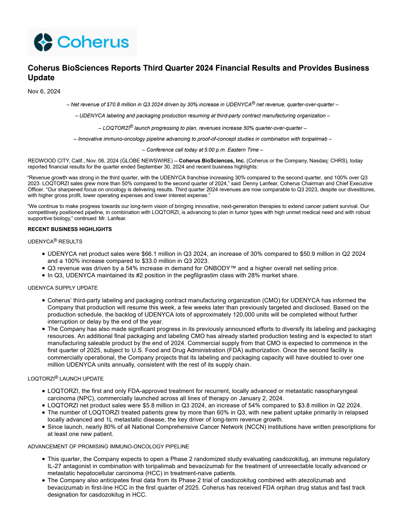 Coherus Oncology's Q3 2024 Press Release