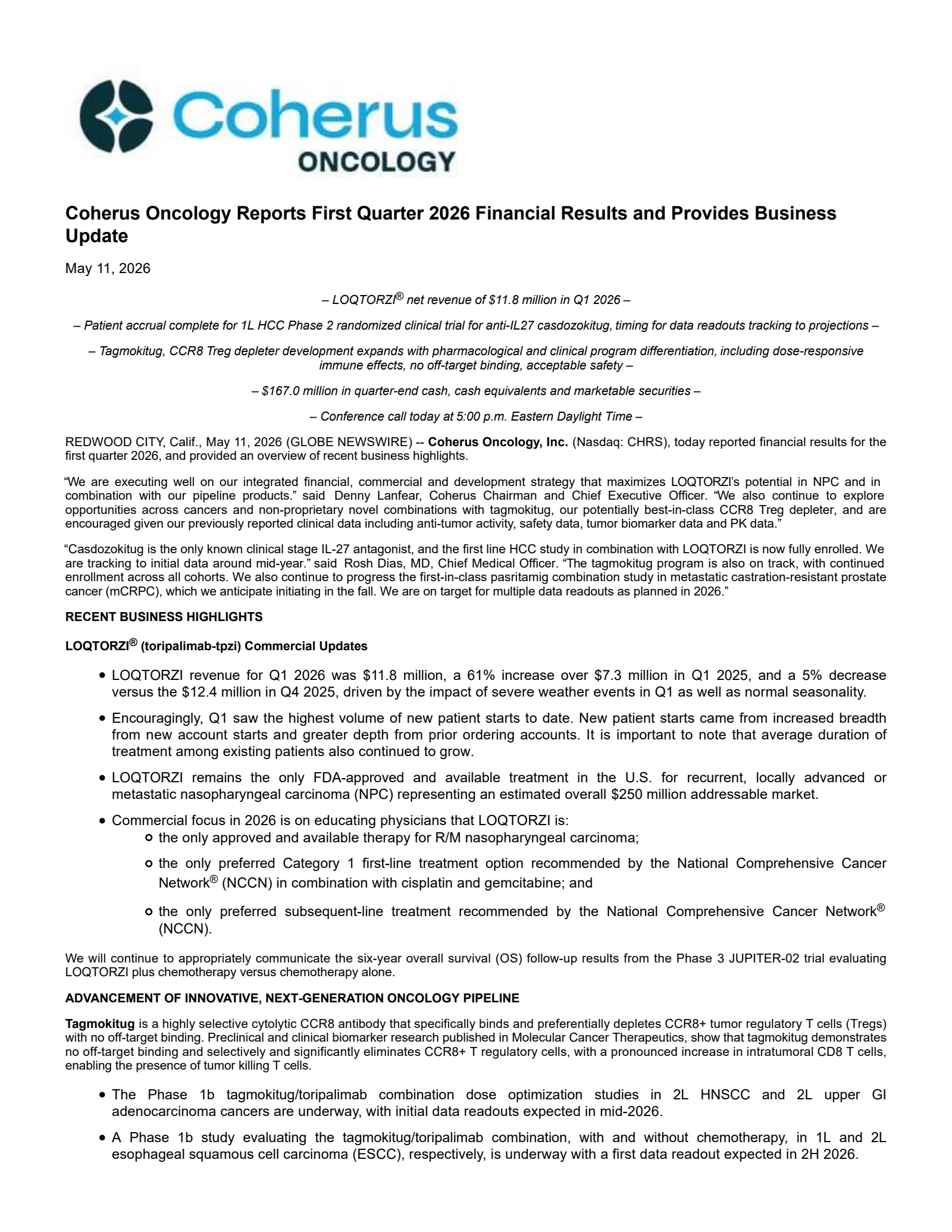 Coherus Oncology's Q1 2026 Press Release