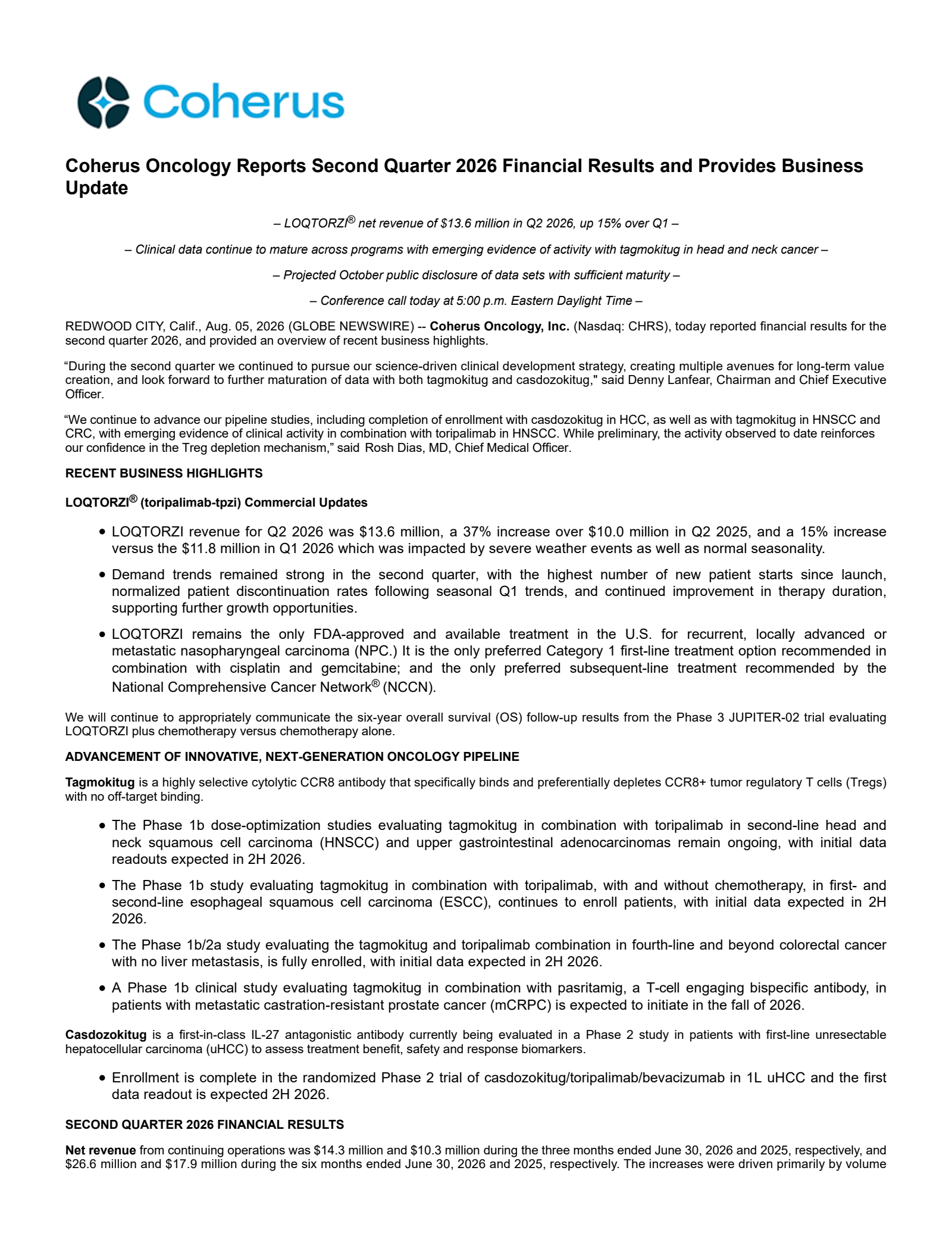 Coherus Oncology's Q2 2026 Press Release