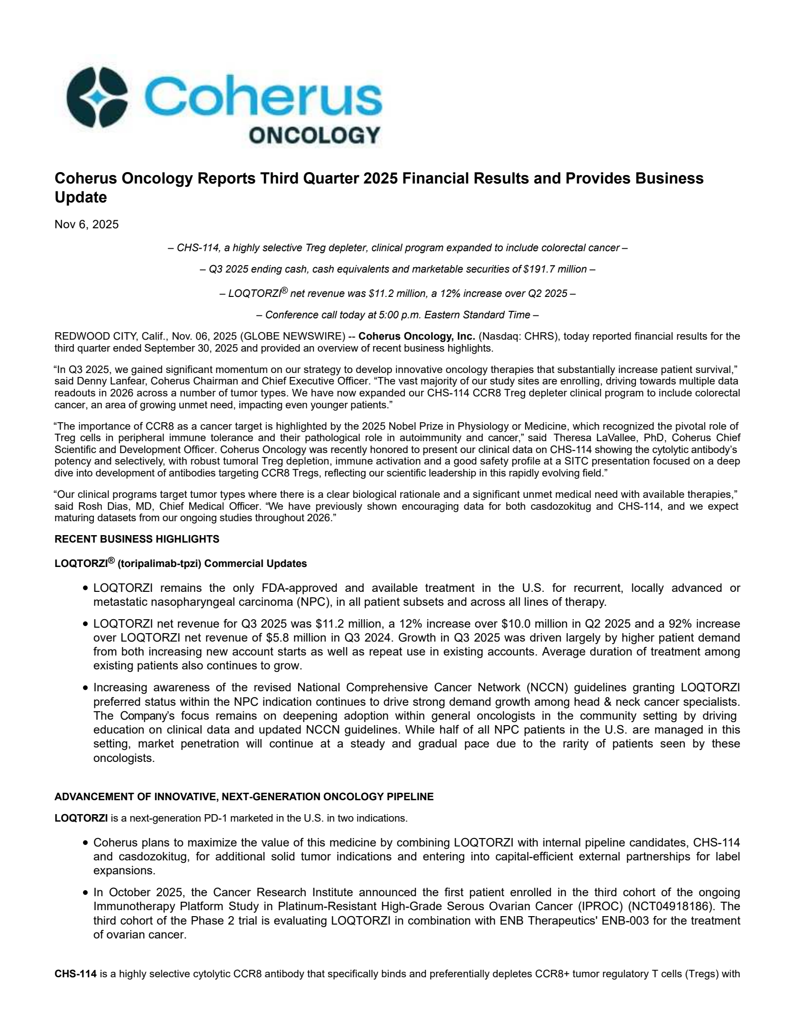 Coherus Oncology's Q3 2025 Earnings Release