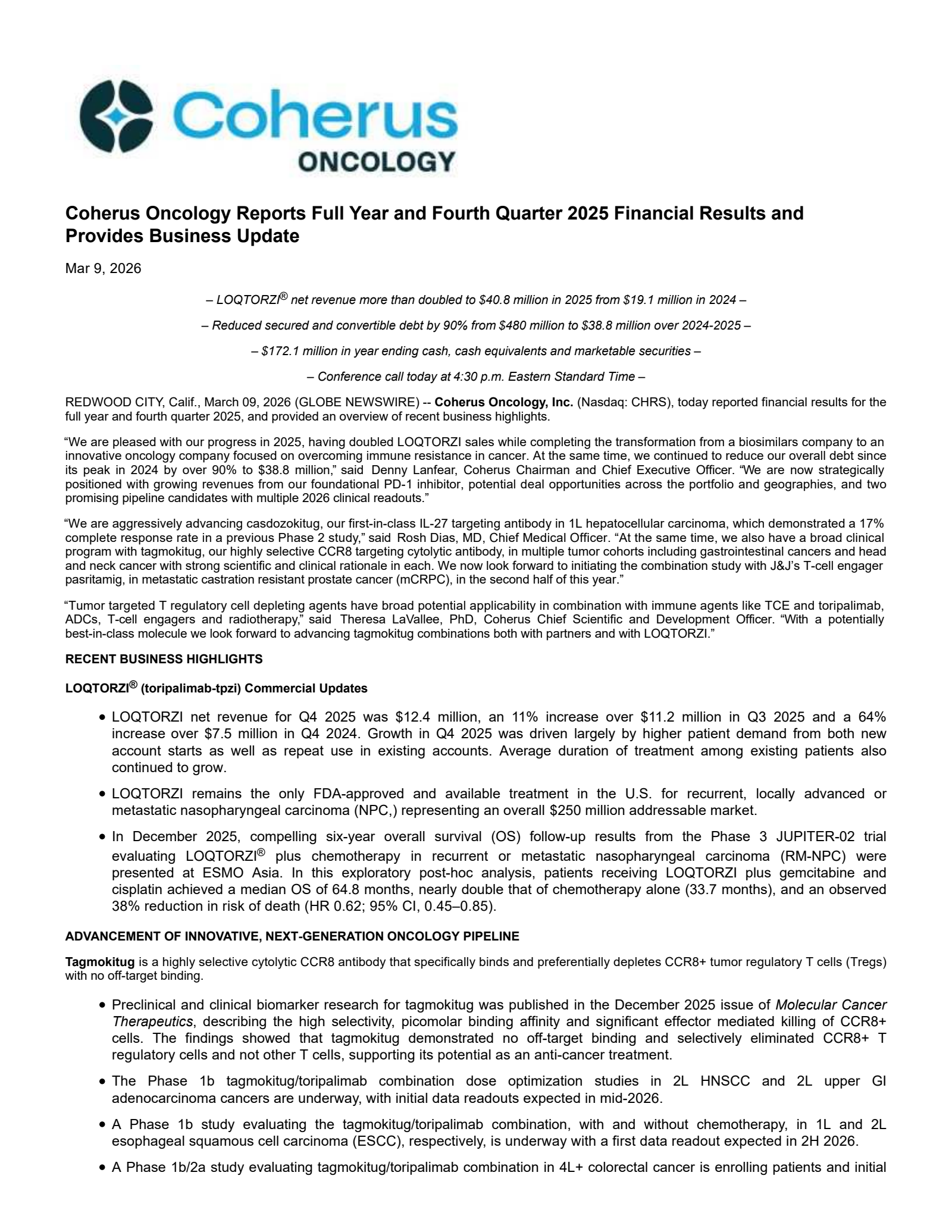 Coherus Oncology's Q4 2025 Press Release