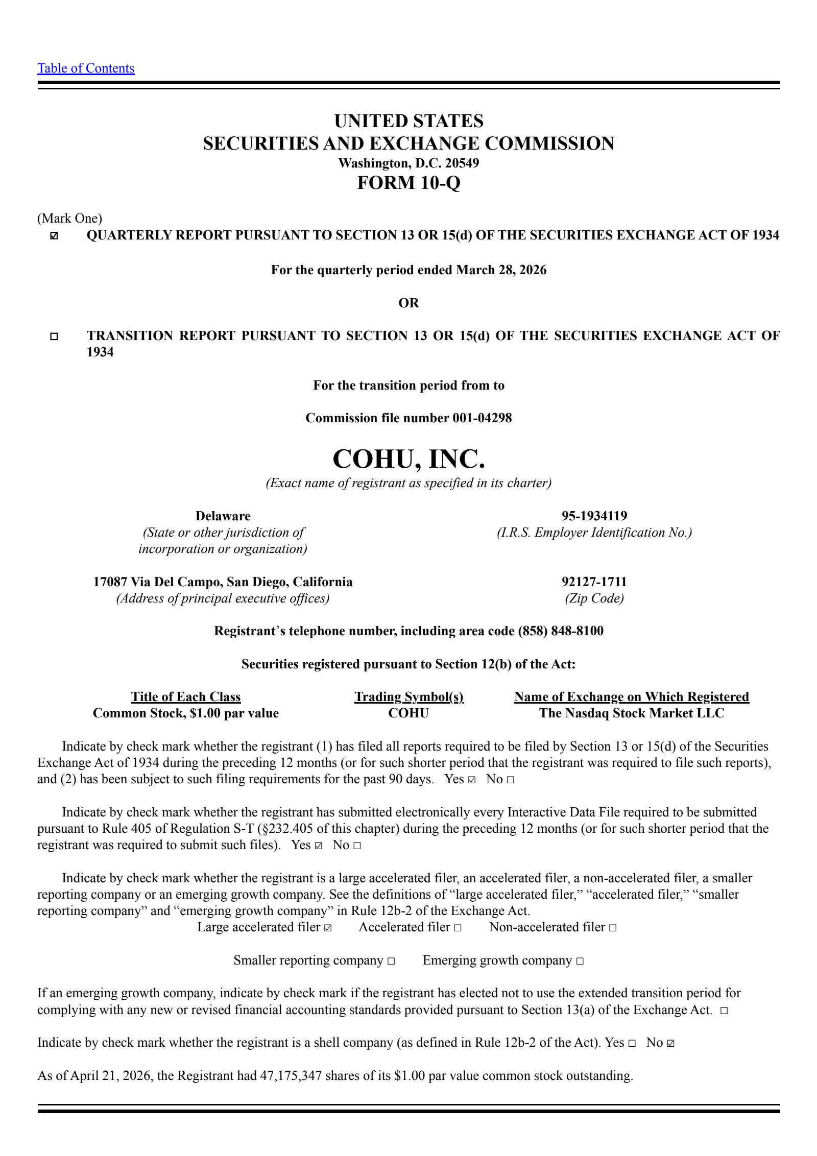 Cohu's Q1 2026 Quarterly report
