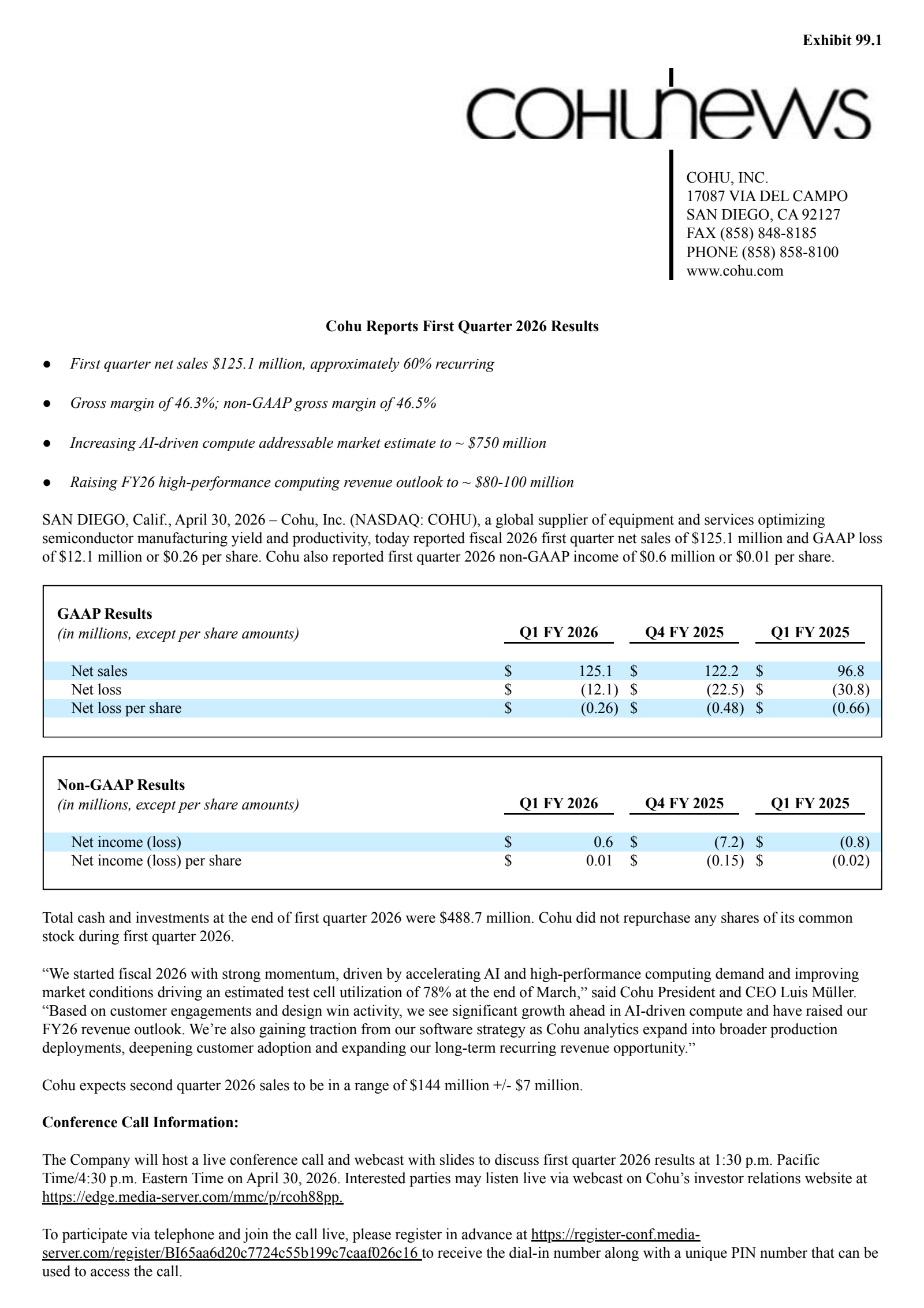 Cohu's Q1 2026 Press Release