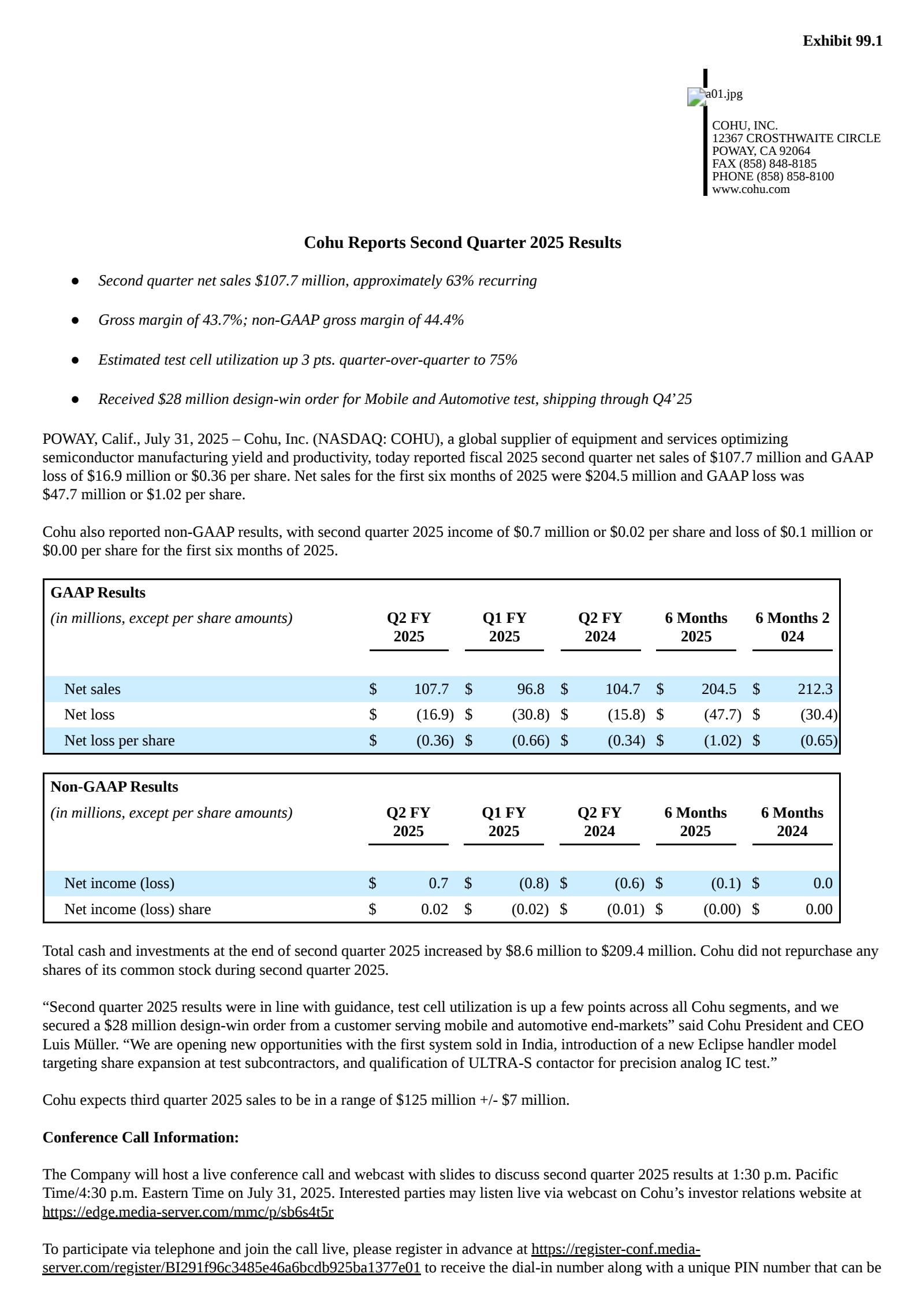 Cohu's Q2 2025 Press Release