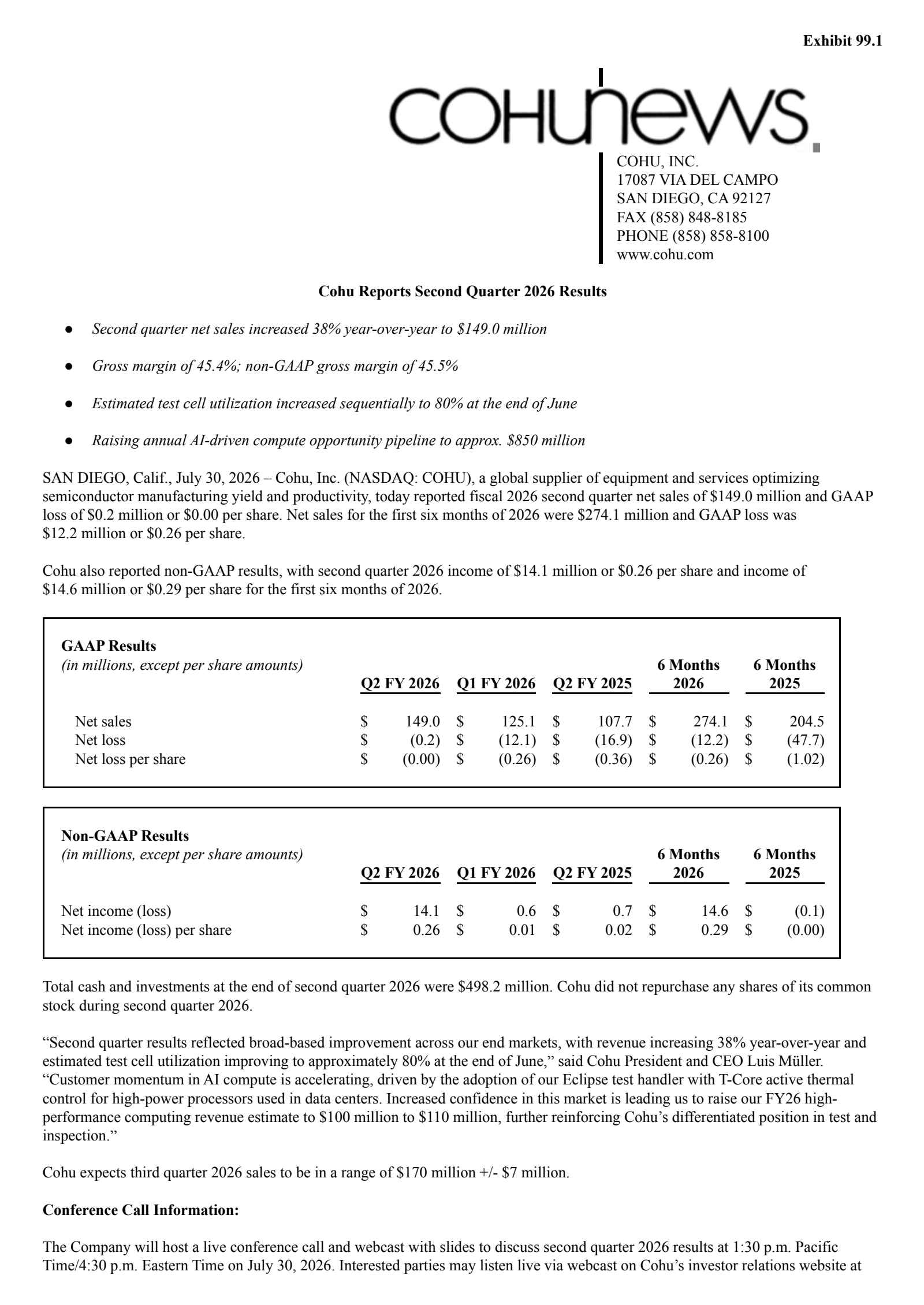 Cohu's Q2 2026 Press Release