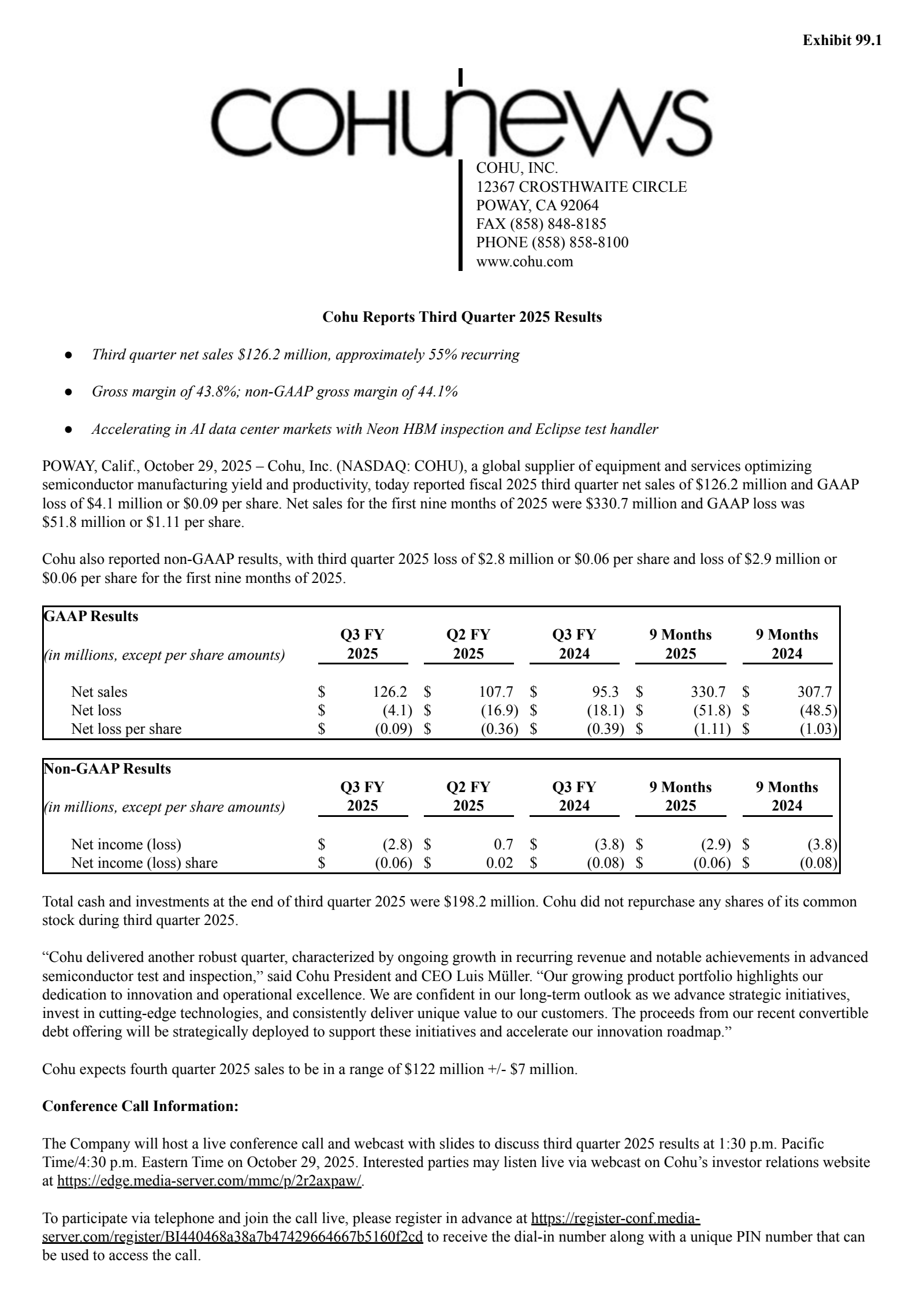 Cohu's Q3 2025 Earnings Release