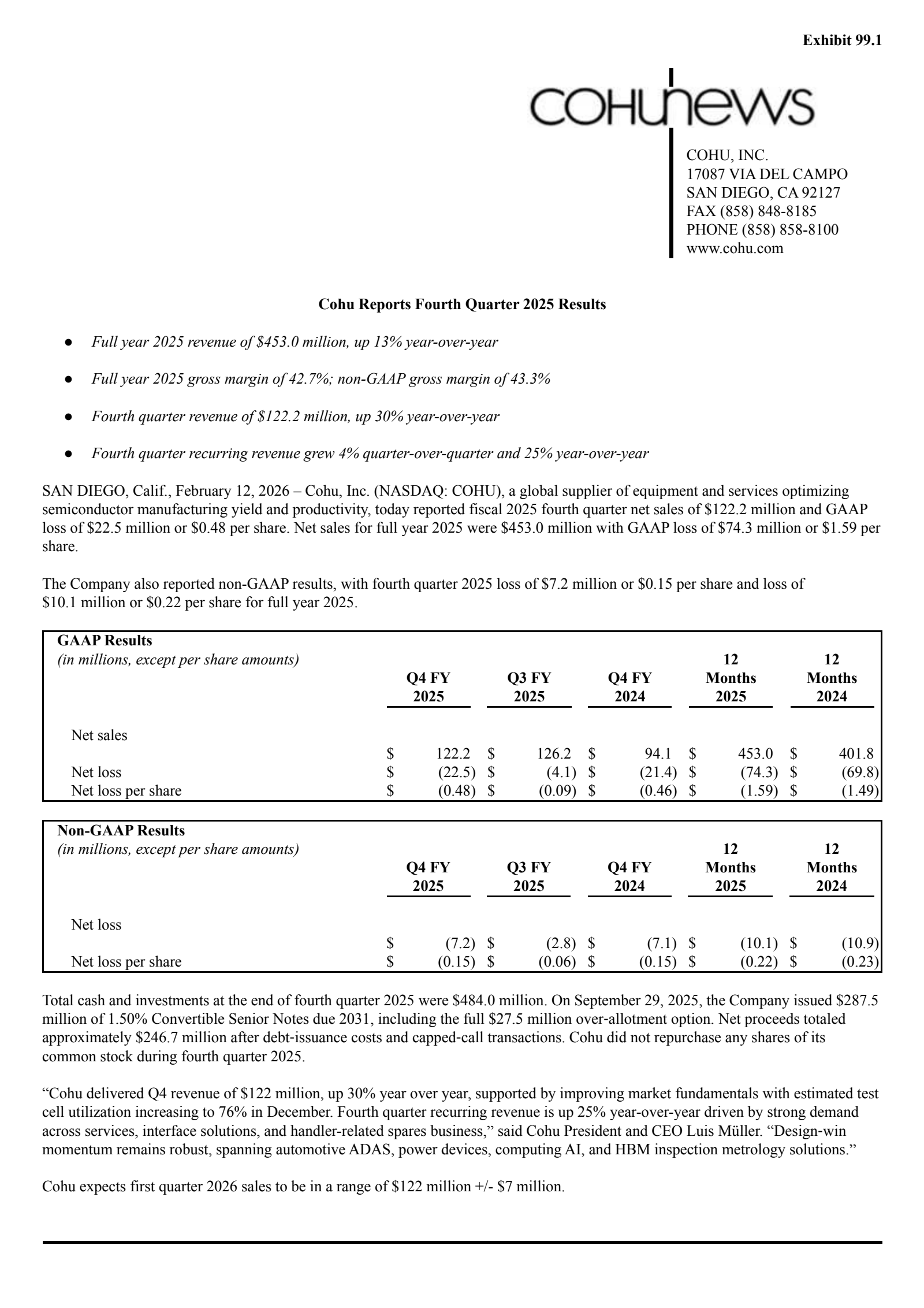 Cohu's Q4 2025 Press Release