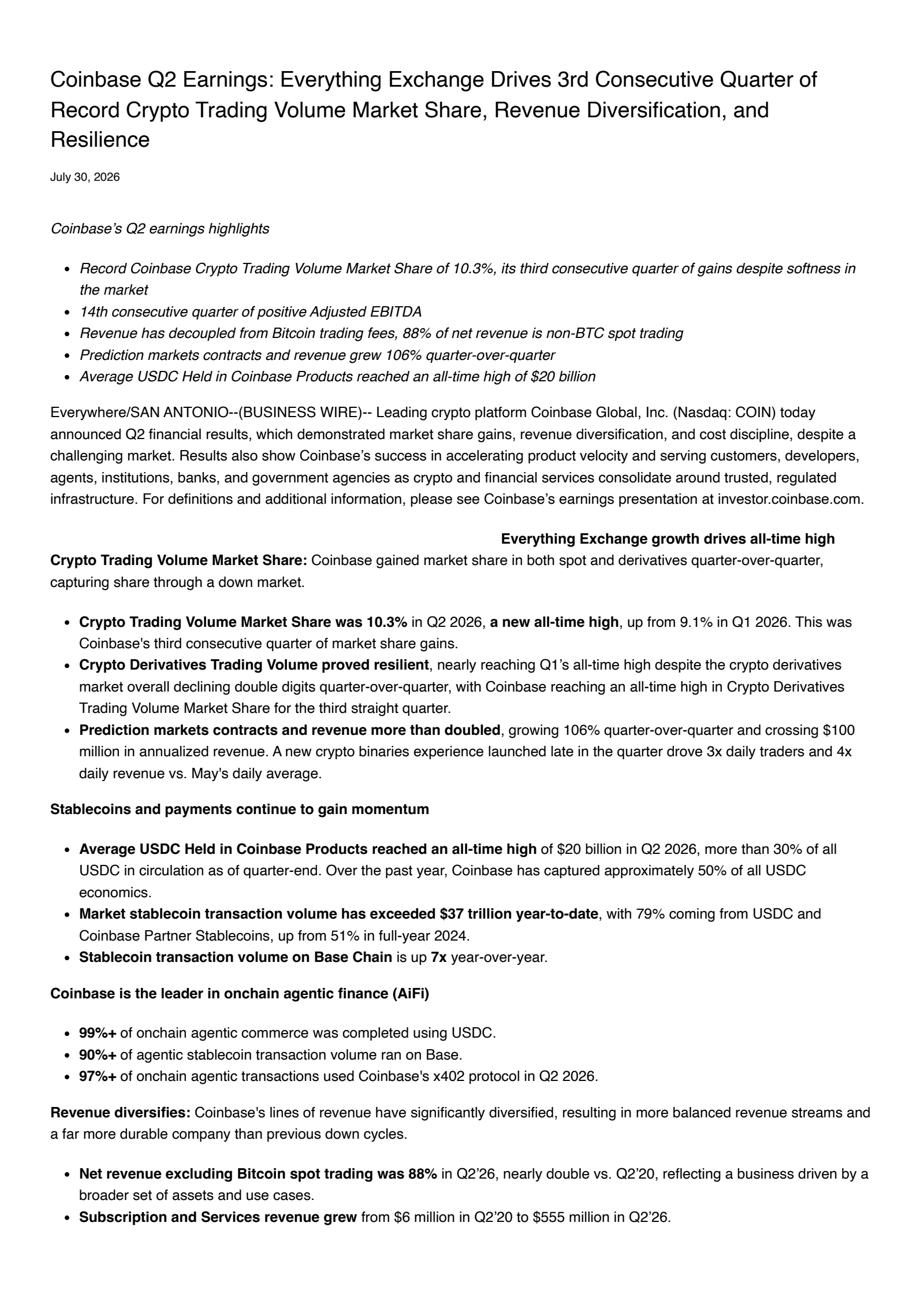 Coinbase Global's Q2 2026 Press Release