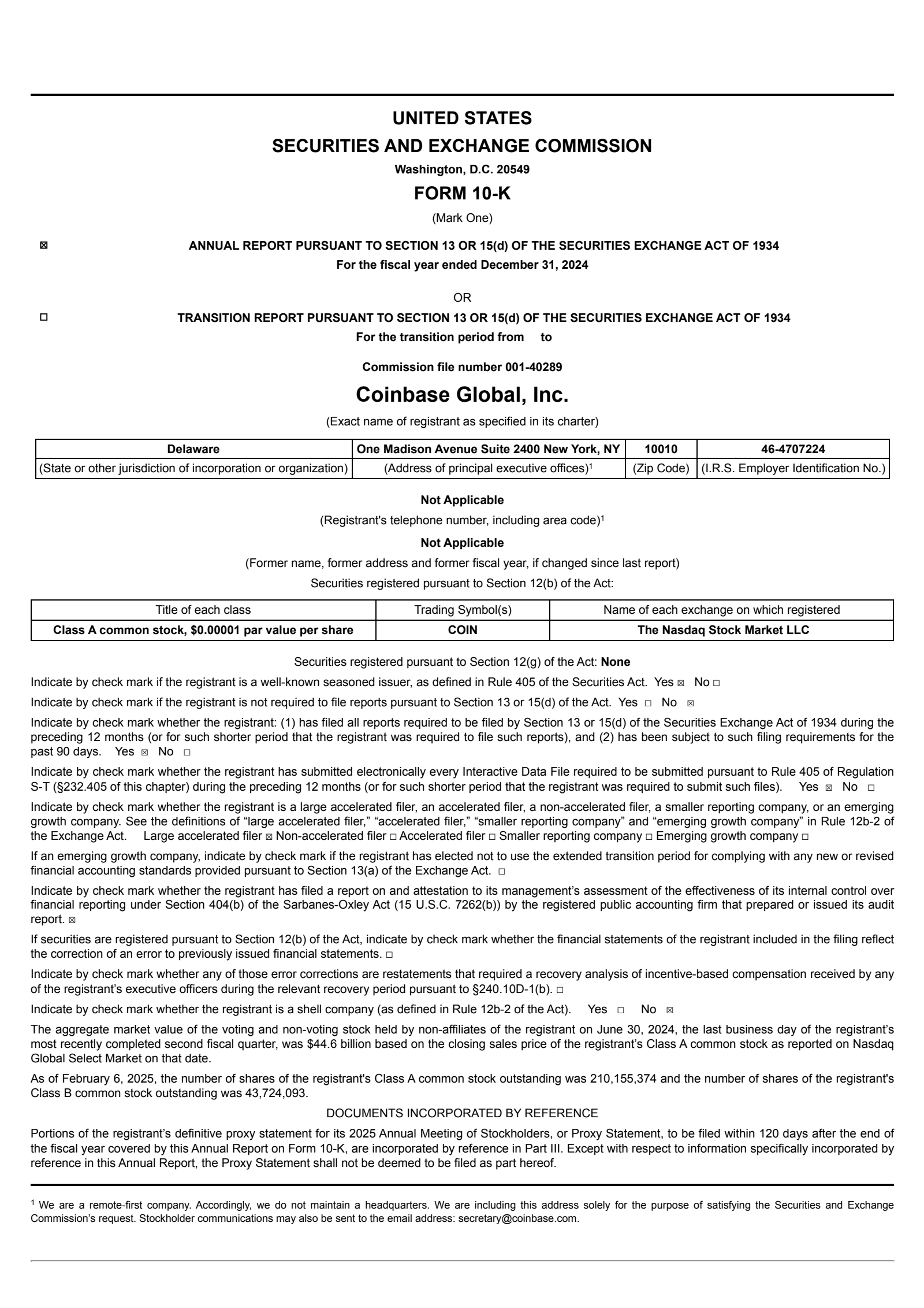 Coinbase Global's Q4 2024 Annual report
