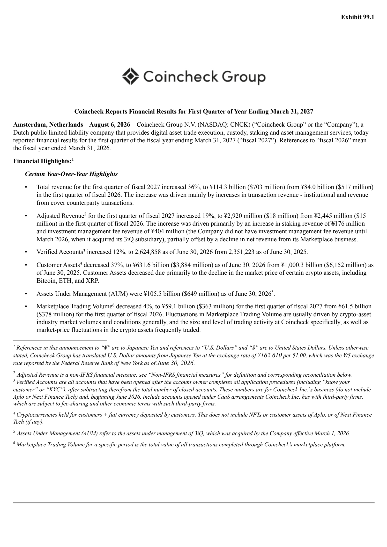 Coincheck Group's Q1 2027 Press Release