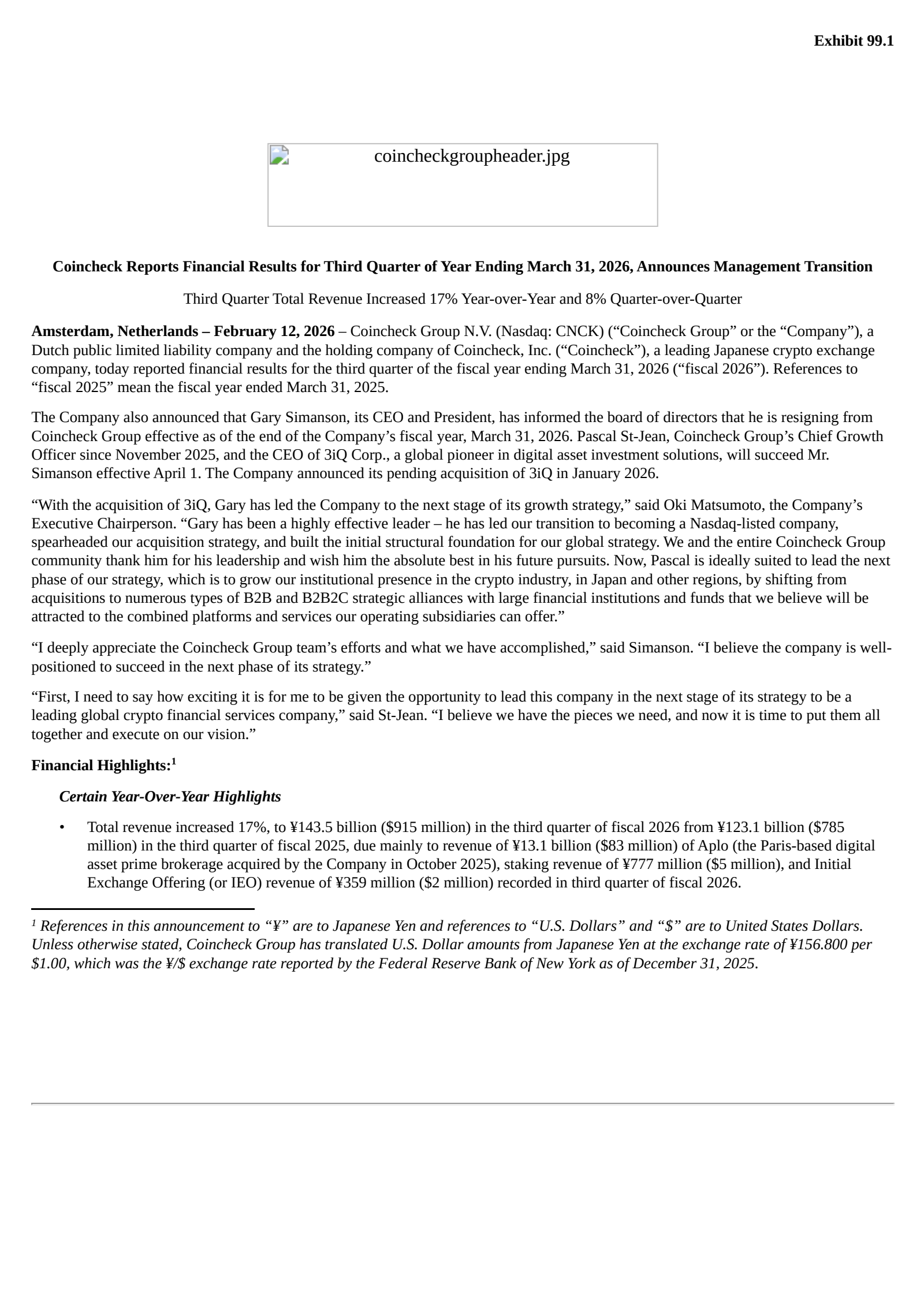 Coincheck Group's Q3 2026 Press Release
