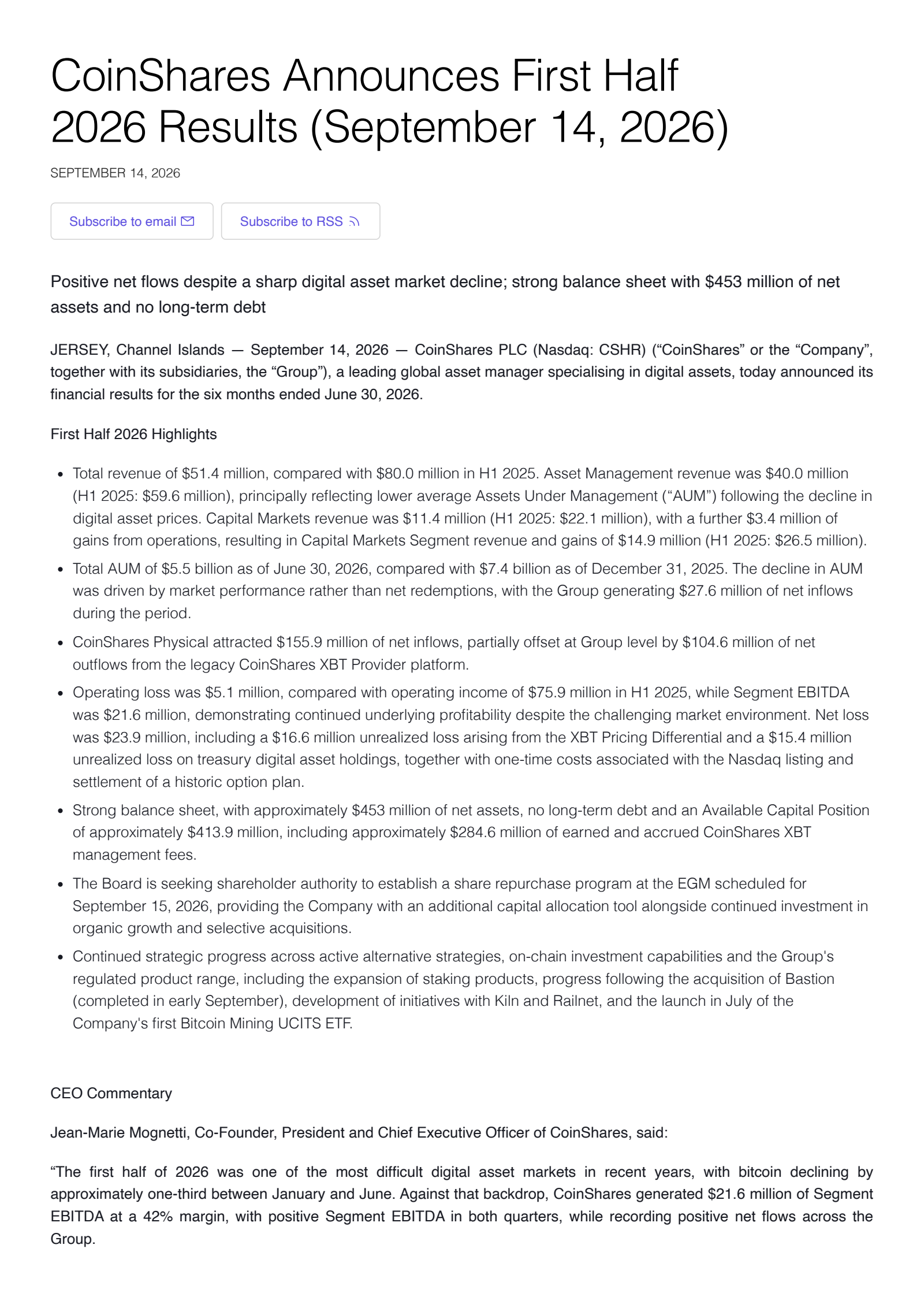 CoinShares' Q2 2026 Press Release