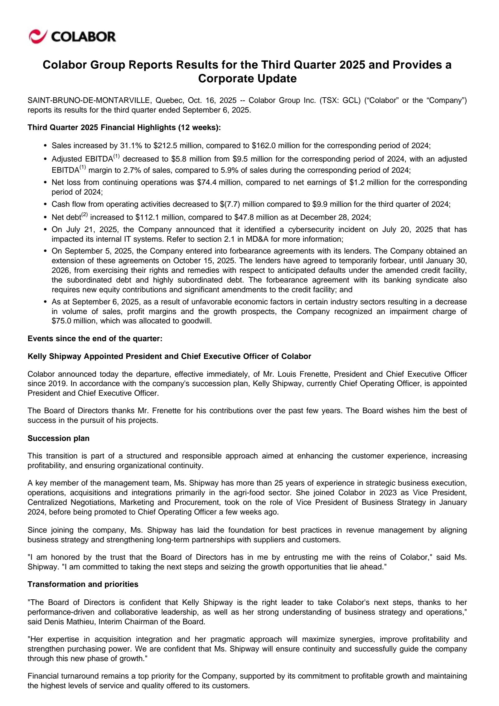 Colabor Group's Q3 2025 Earnings Release