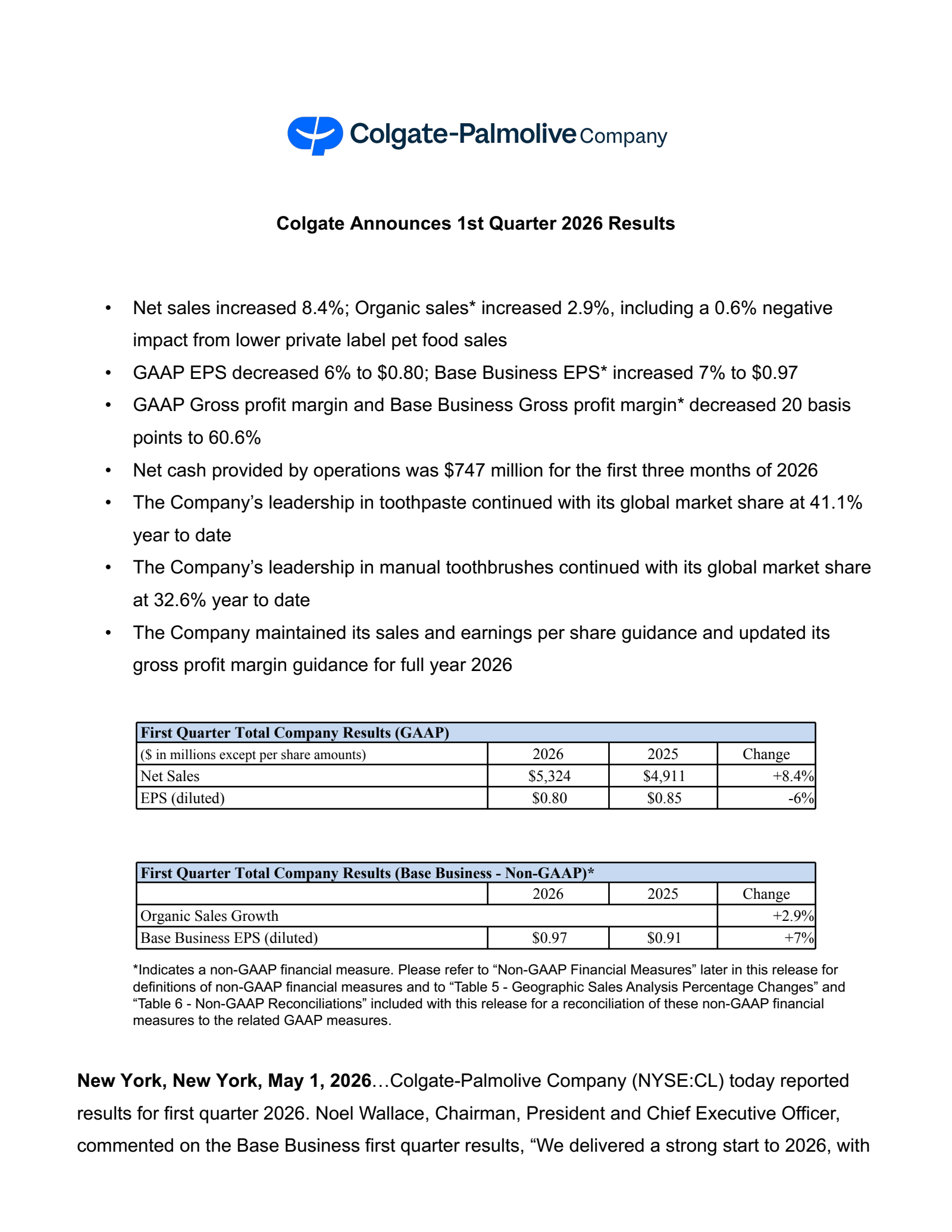 Colgate-Palmolive's Q1 2026 Press Release