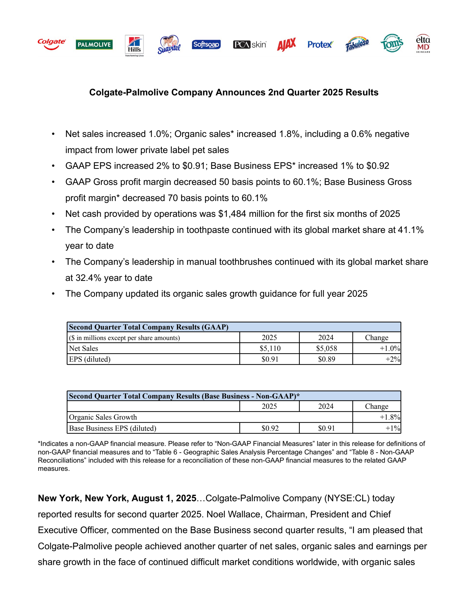 Colgate-Palmolive's Q2 2025 Press Release