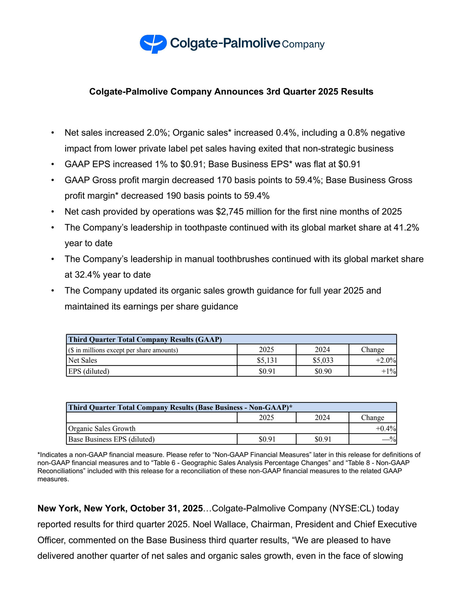 Colgate-Palmolive's Q3 2025 Earnings Release