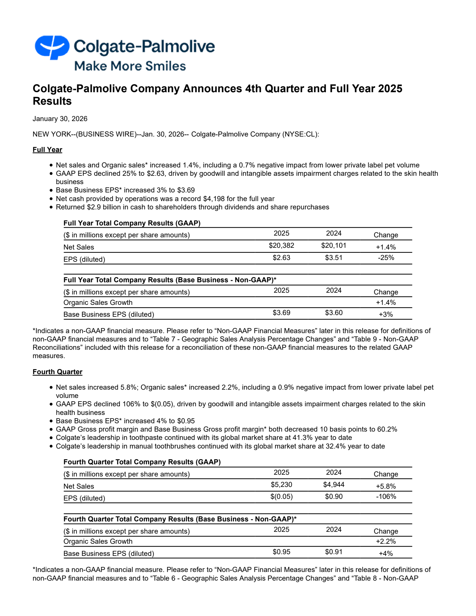 Colgate-Palmolive's Q4 2025 Press Release