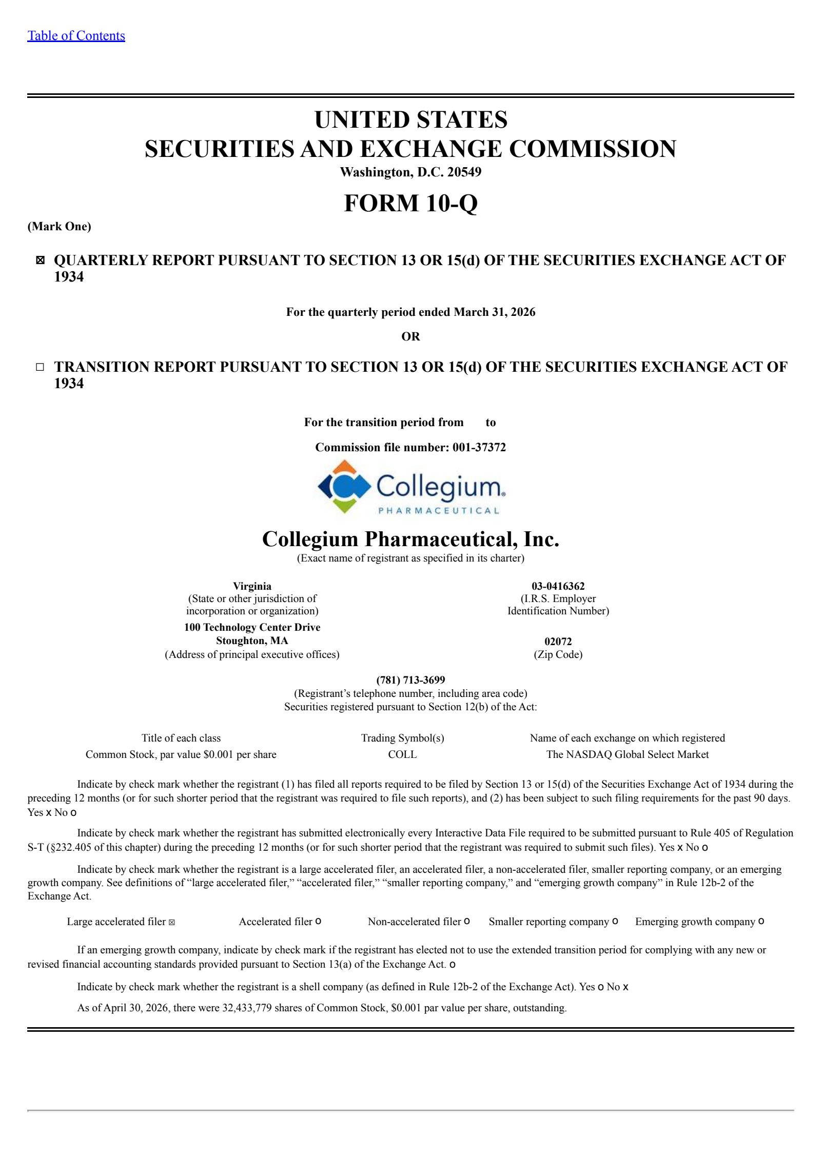 Collegium Pharmaceutical's Q1 2026 Quarterly report