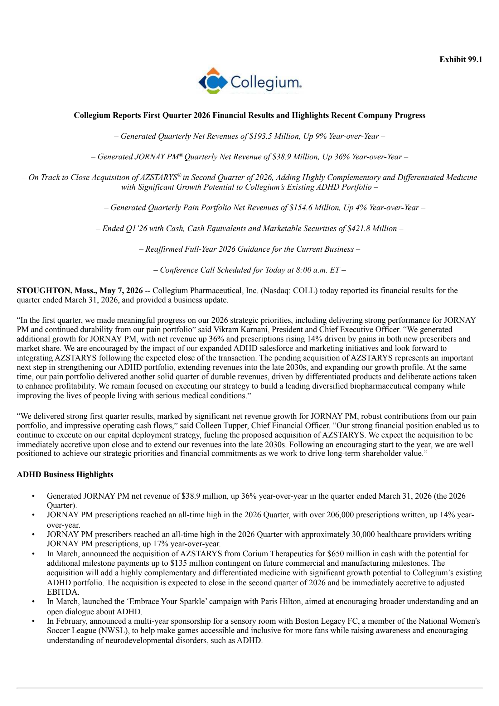 Collegium Pharmaceutical's Q1 2026 Press Release