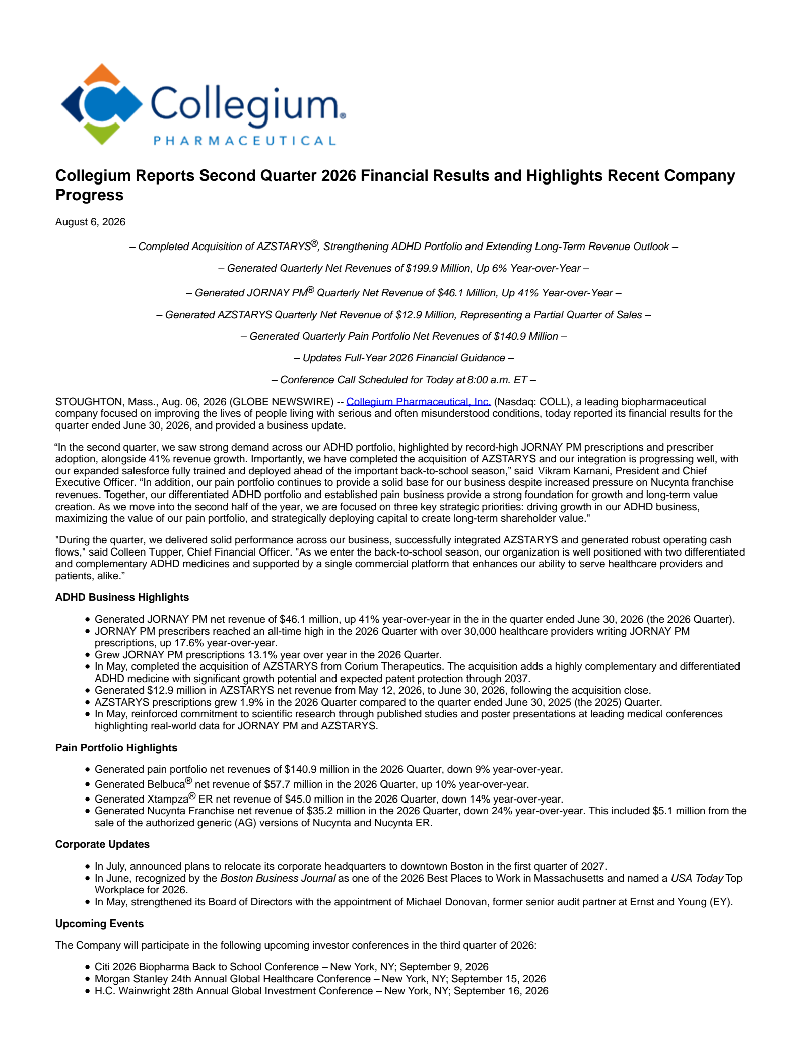 Collegium Pharmaceutical's Q2 2026 Press Release