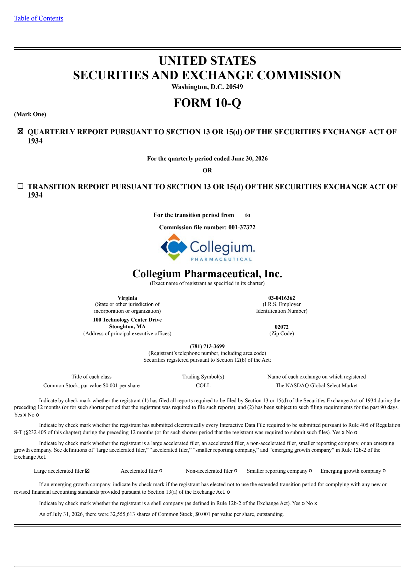 Collegium Pharmaceutical's Q2 2026 Quarterly report