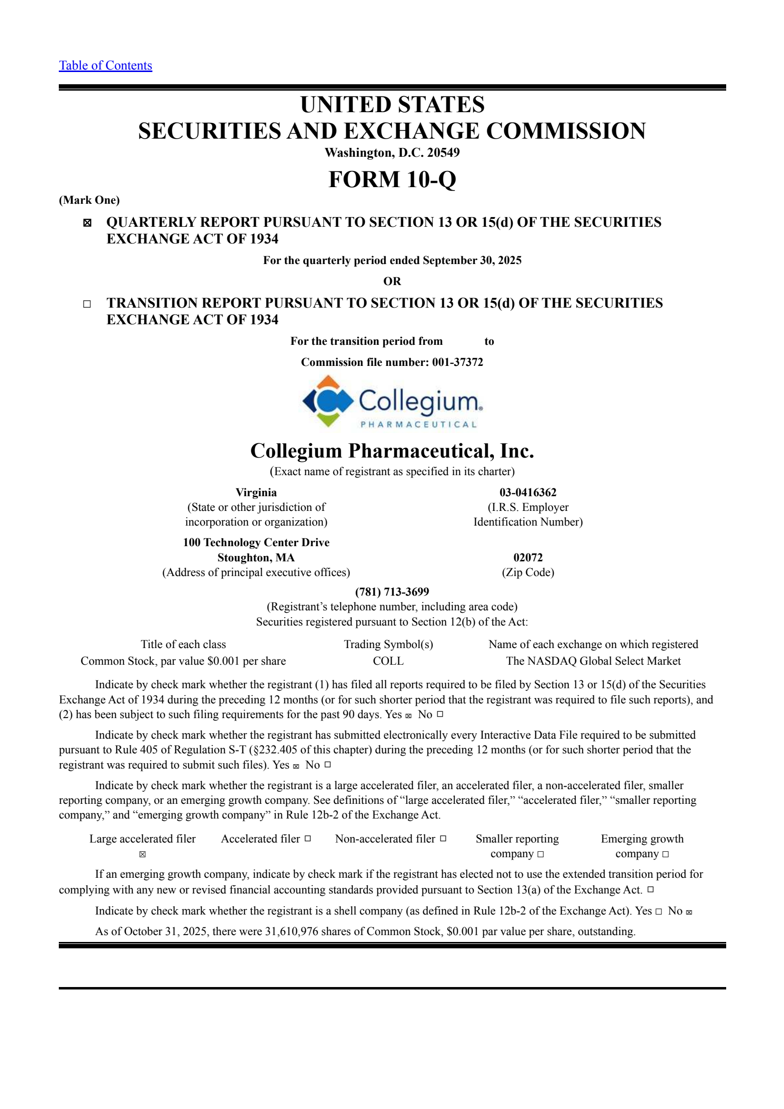 Collegium Pharmaceutical's Q3 2025 Quarterly Report