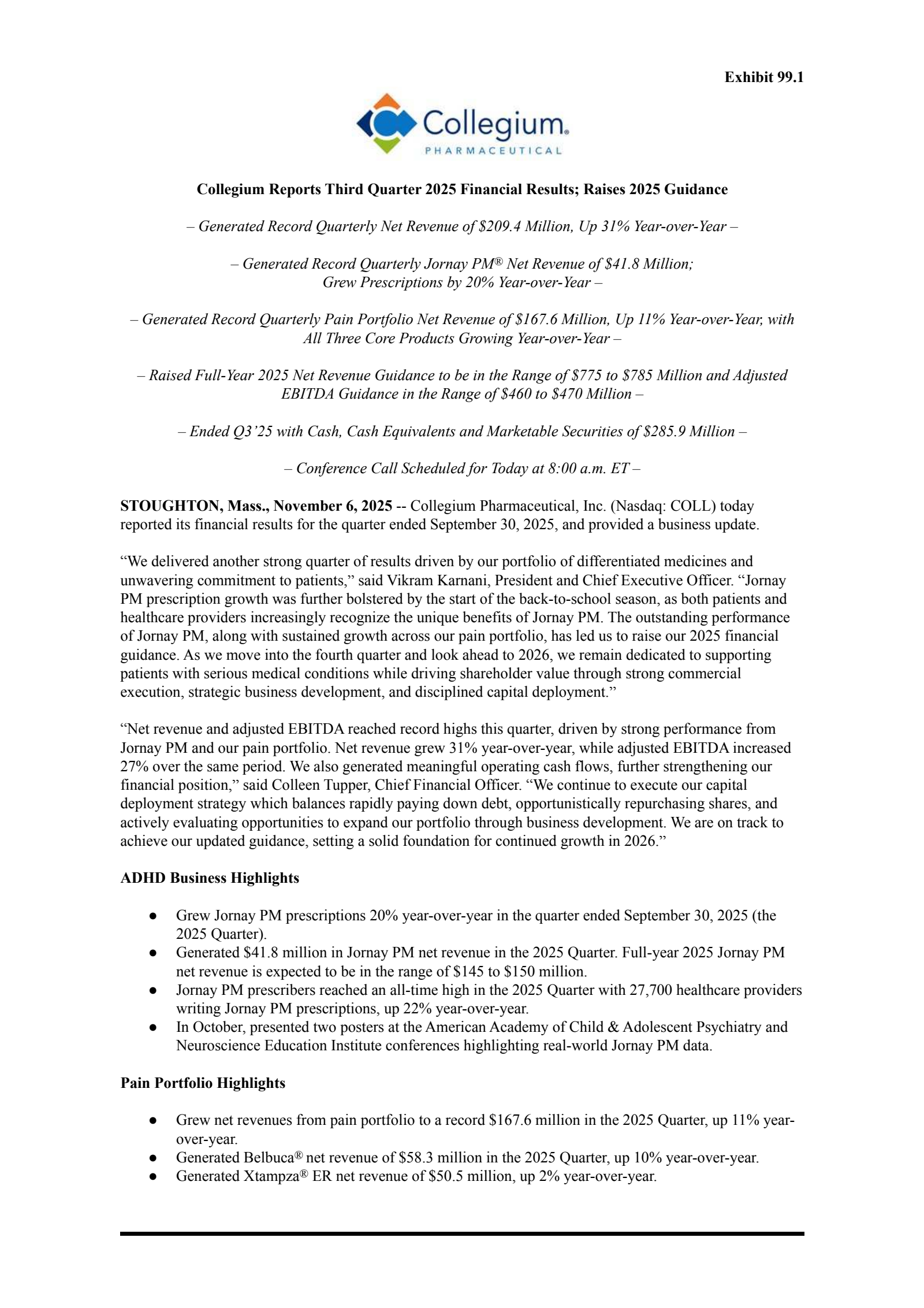 Collegium Pharmaceutical's Q3 2025 Earnings Release