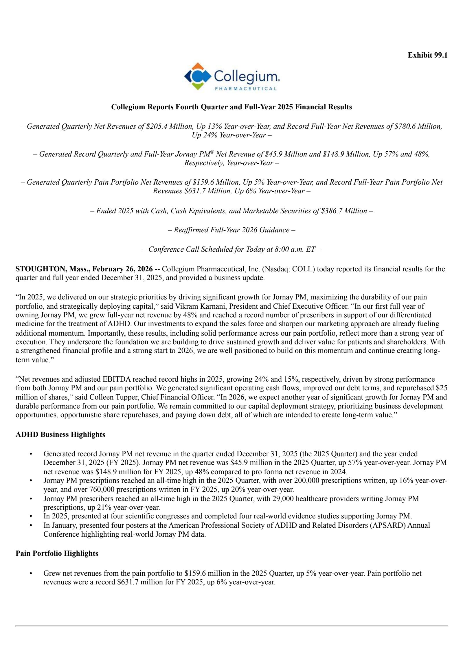 Collegium Pharmaceutical's Q4 2025 Press Release