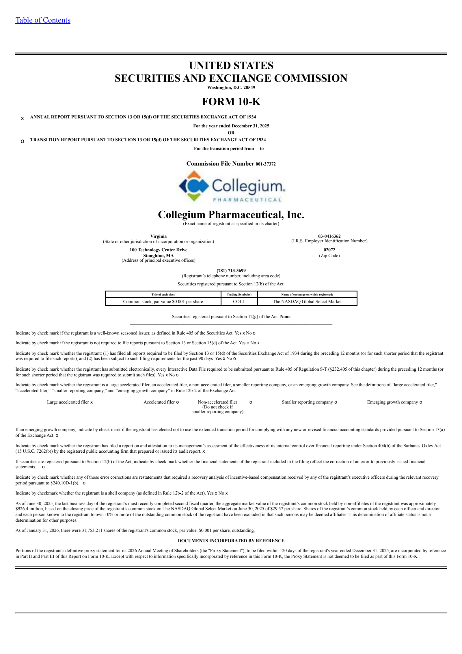Collegium Pharmaceutical's Q4 2025 Annual report
