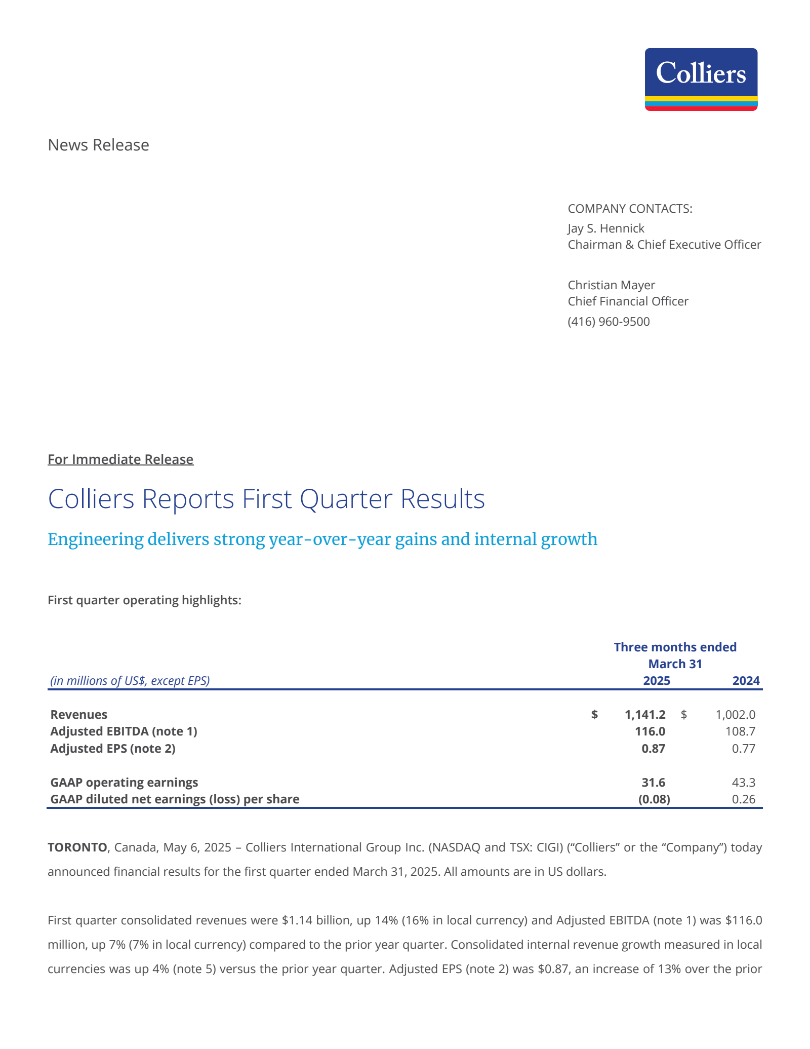 Colliers International Group's Q1 2025 Earnings Release