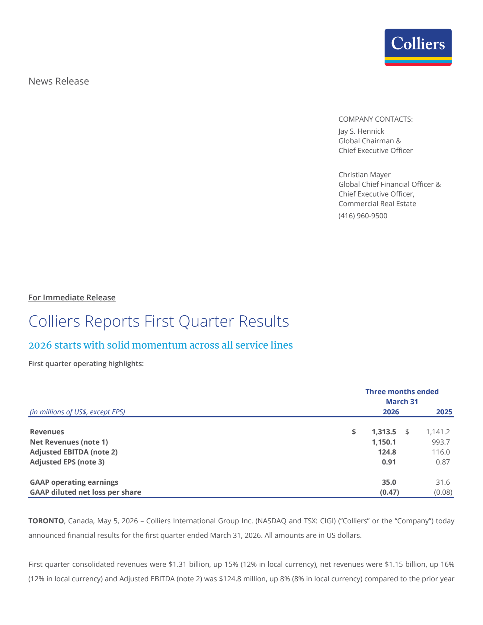 Colliers International Group's Q1 2026 Press Release